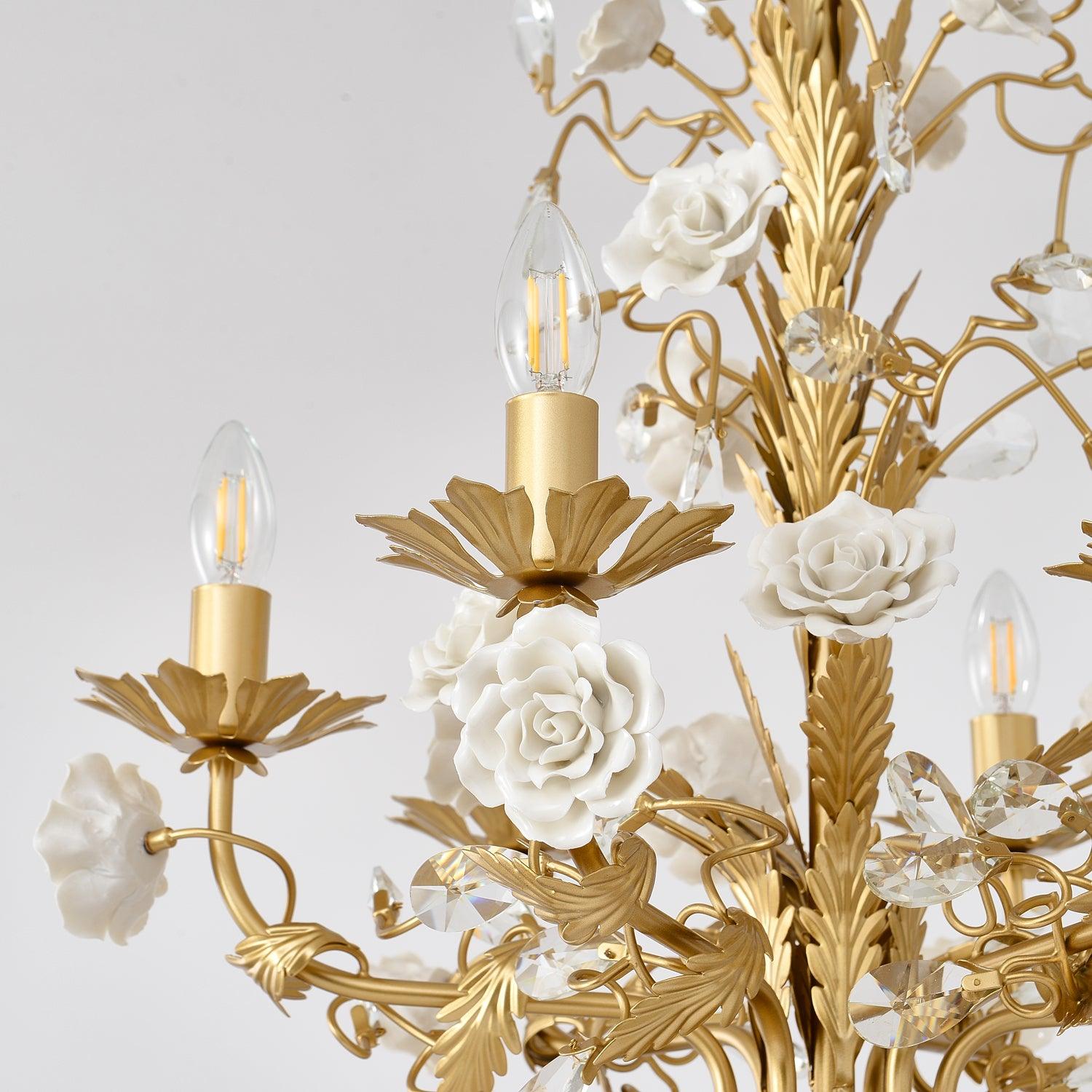 Chandelier Ornate Metal Frame Porcelain Roses Crystal Classic Luxury - Neutralighting