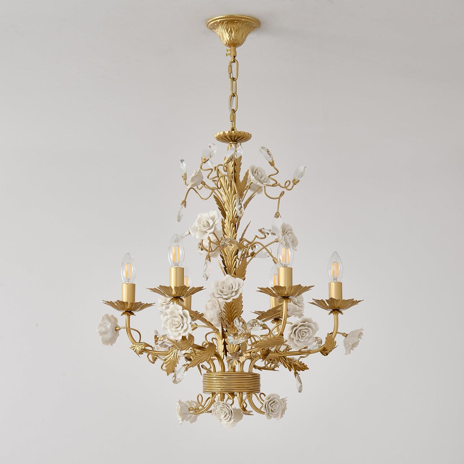 Chandelier Ornate Metal Frame Porcelain Roses Crystal Classic Luxury - Neutralighting
