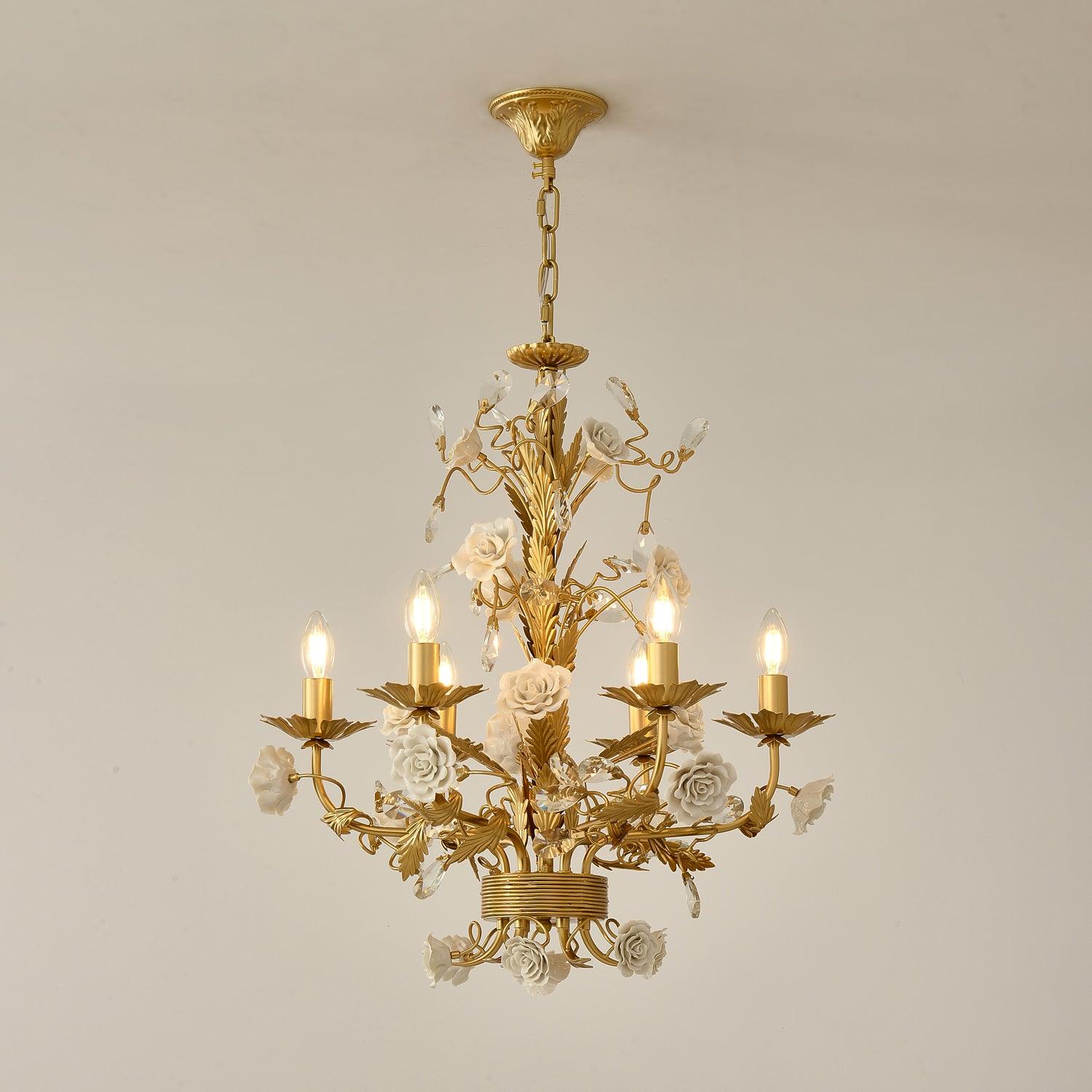 Chandelier Ornate Metal Frame Porcelain Roses Crystal Classic Luxury - Neutralighting