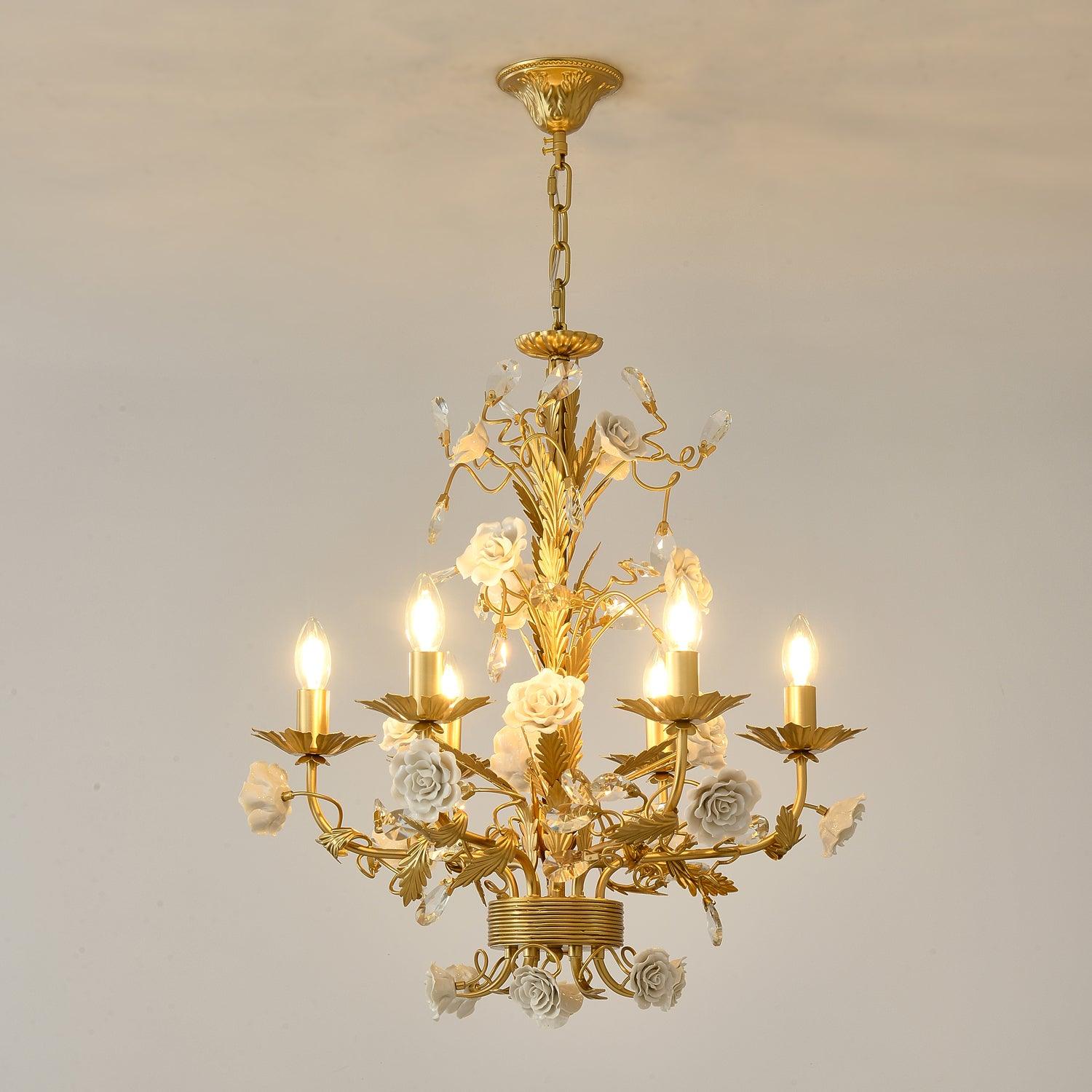 Chandelier Ornate Metal Frame Porcelain Roses Crystal Classic Luxury - Neutralighting