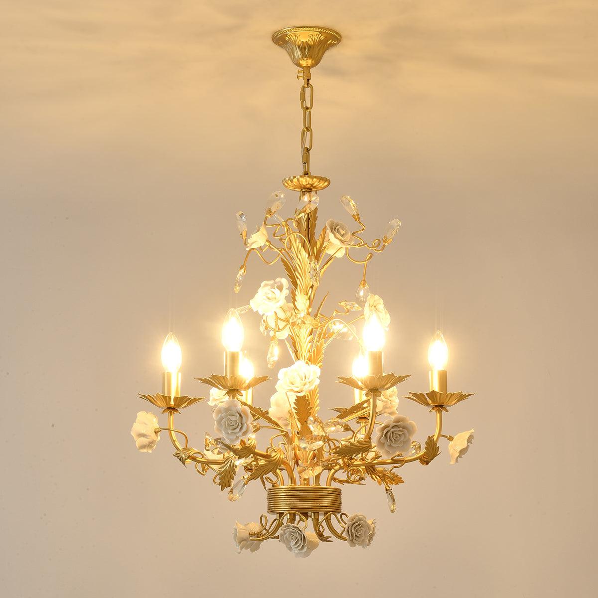 Chandelier Ornate Metal Frame Porcelain Roses Crystal Classic Luxury - Neutralighting