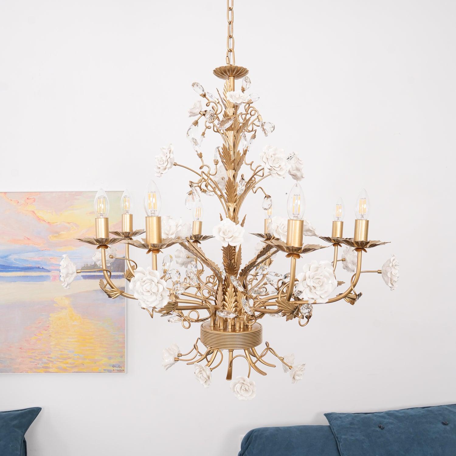 Chandelier Ornate Metal Frame Porcelain Roses Crystal Classic Luxury - Neutralighting