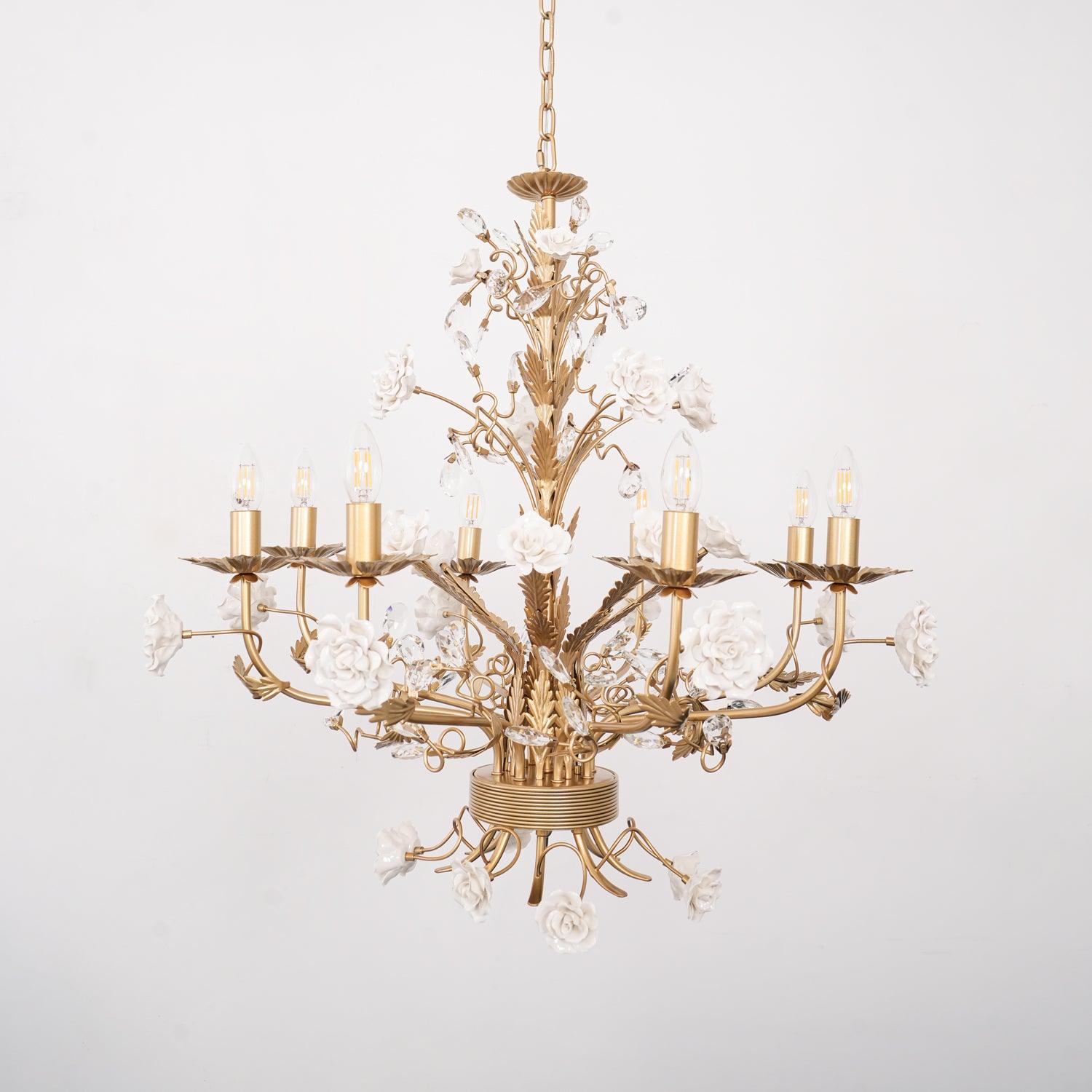 Chandelier Ornate Metal Frame Porcelain Roses Crystal Classic Luxury - Neutralighting
