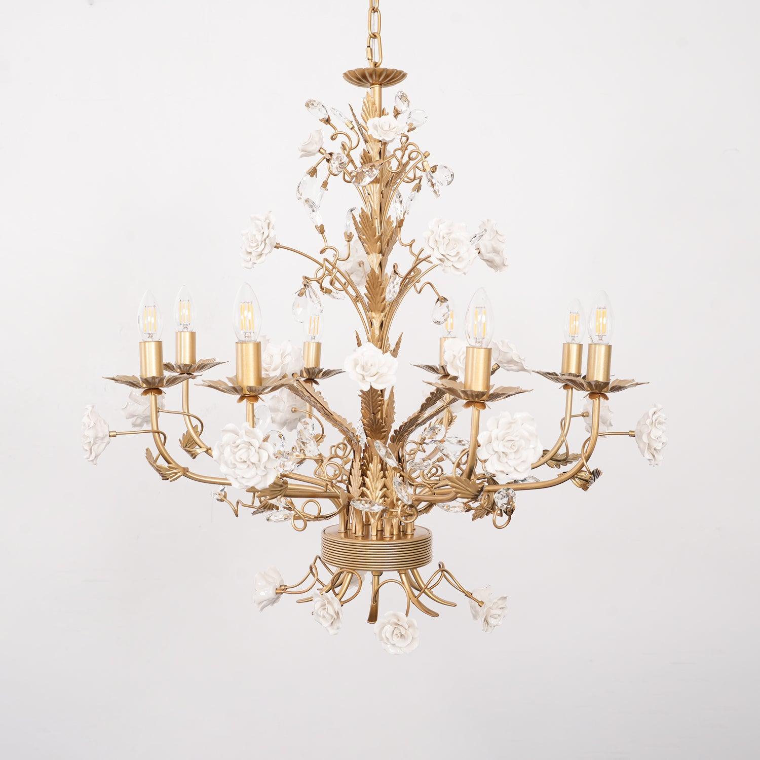 Chandelier Ornate Metal Frame Porcelain Roses Crystal Classic Luxury - Neutralighting