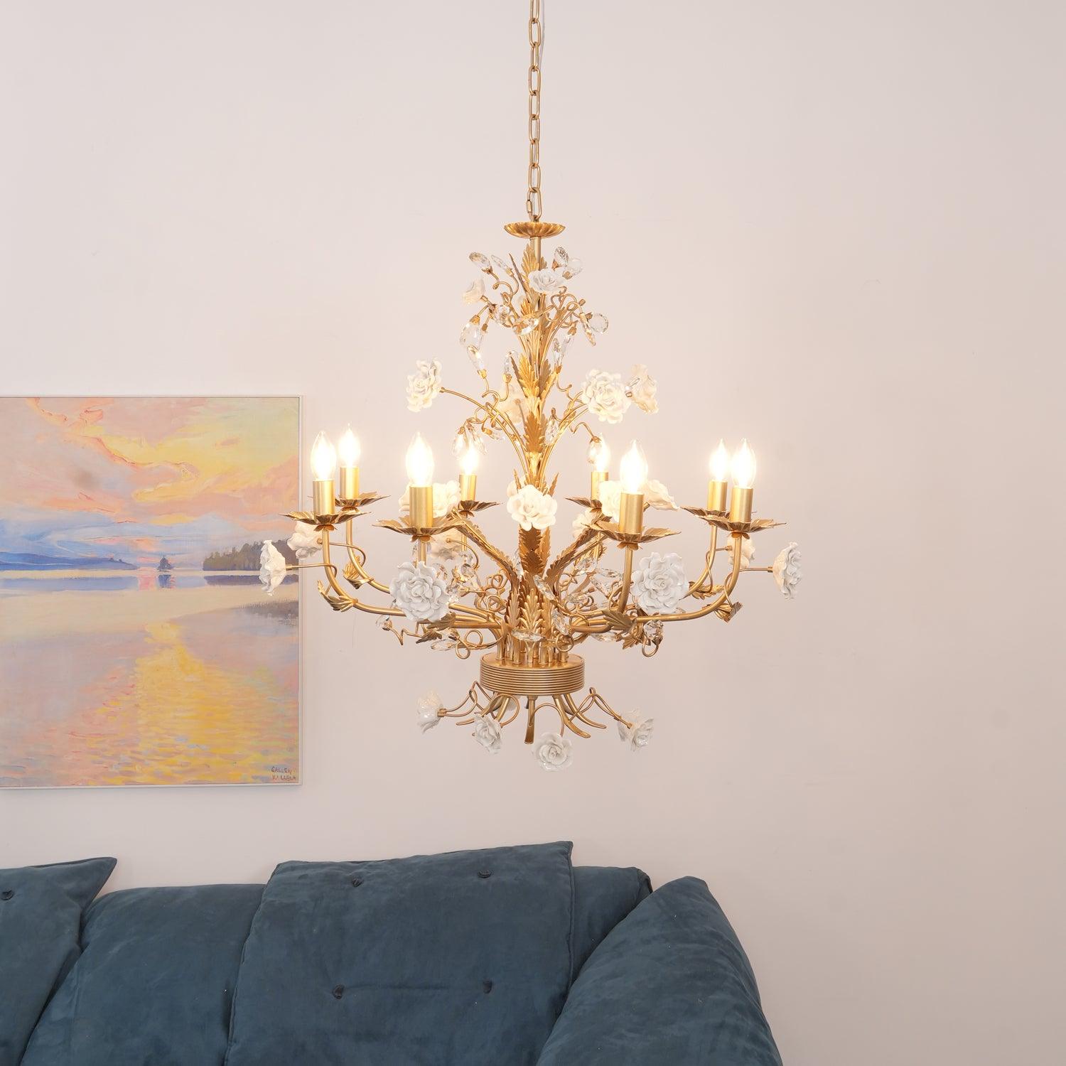 Chandelier Ornate Metal Frame Porcelain Roses Crystal Classic Luxury - Neutralighting