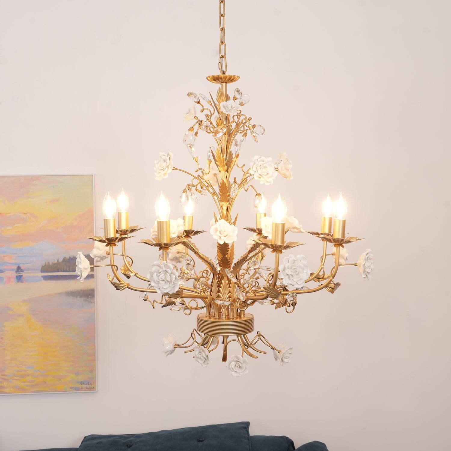 Chandelier Ornate Metal Frame Porcelain Roses Crystal Classic Luxury - Neutralighting