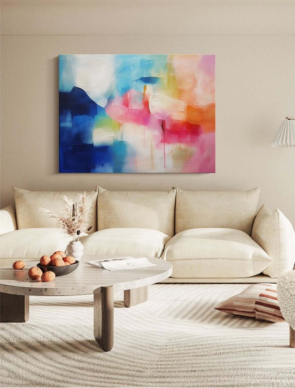 Vibrant Blue Pink Abstract Oil Painting