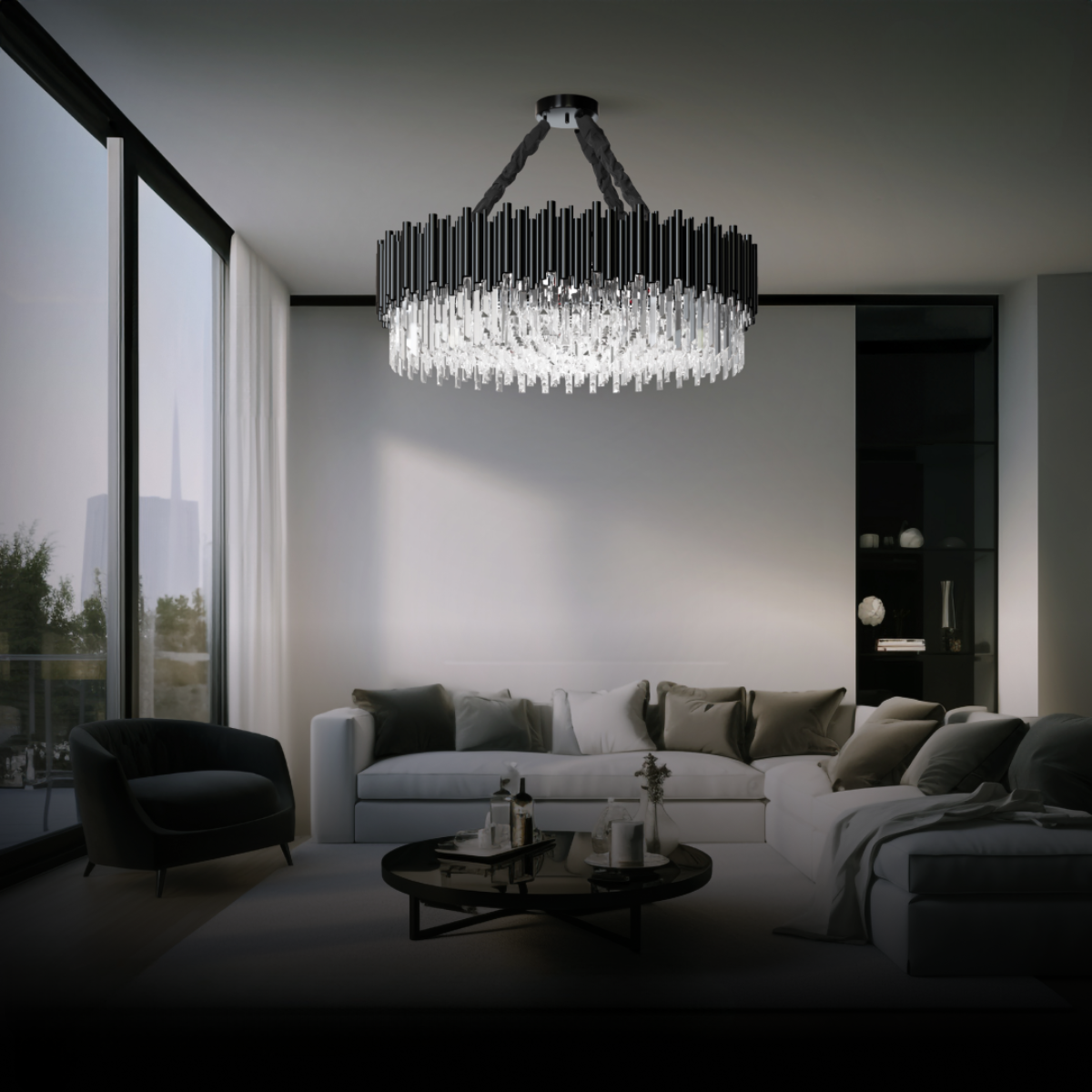 Kristy Industrial Cylindrical Crystal/Metal Chandeliers Black Living Room - Neutralighting