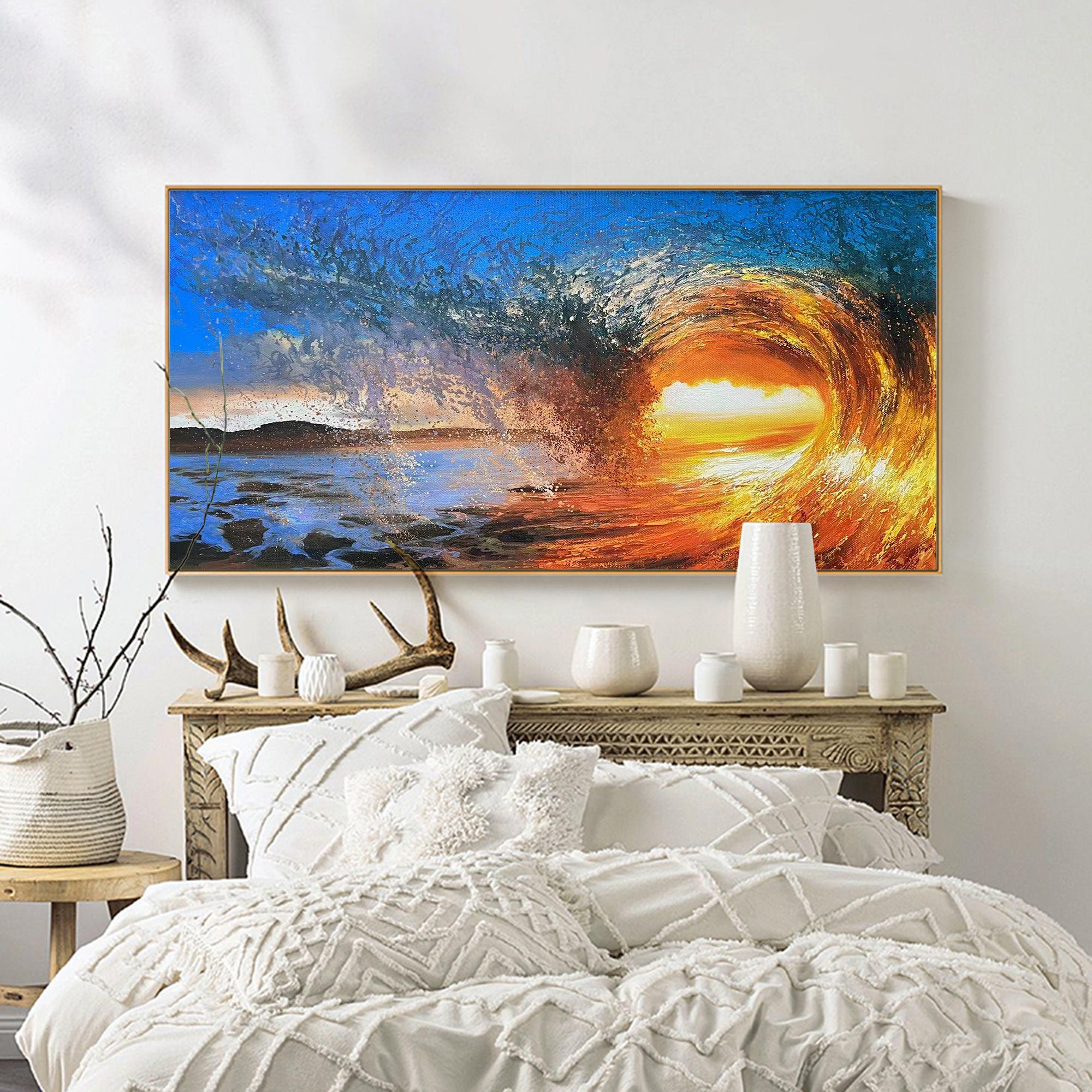 Abstract Golden Sunset Swirl Oil Acrylic Linen Canvas Painting