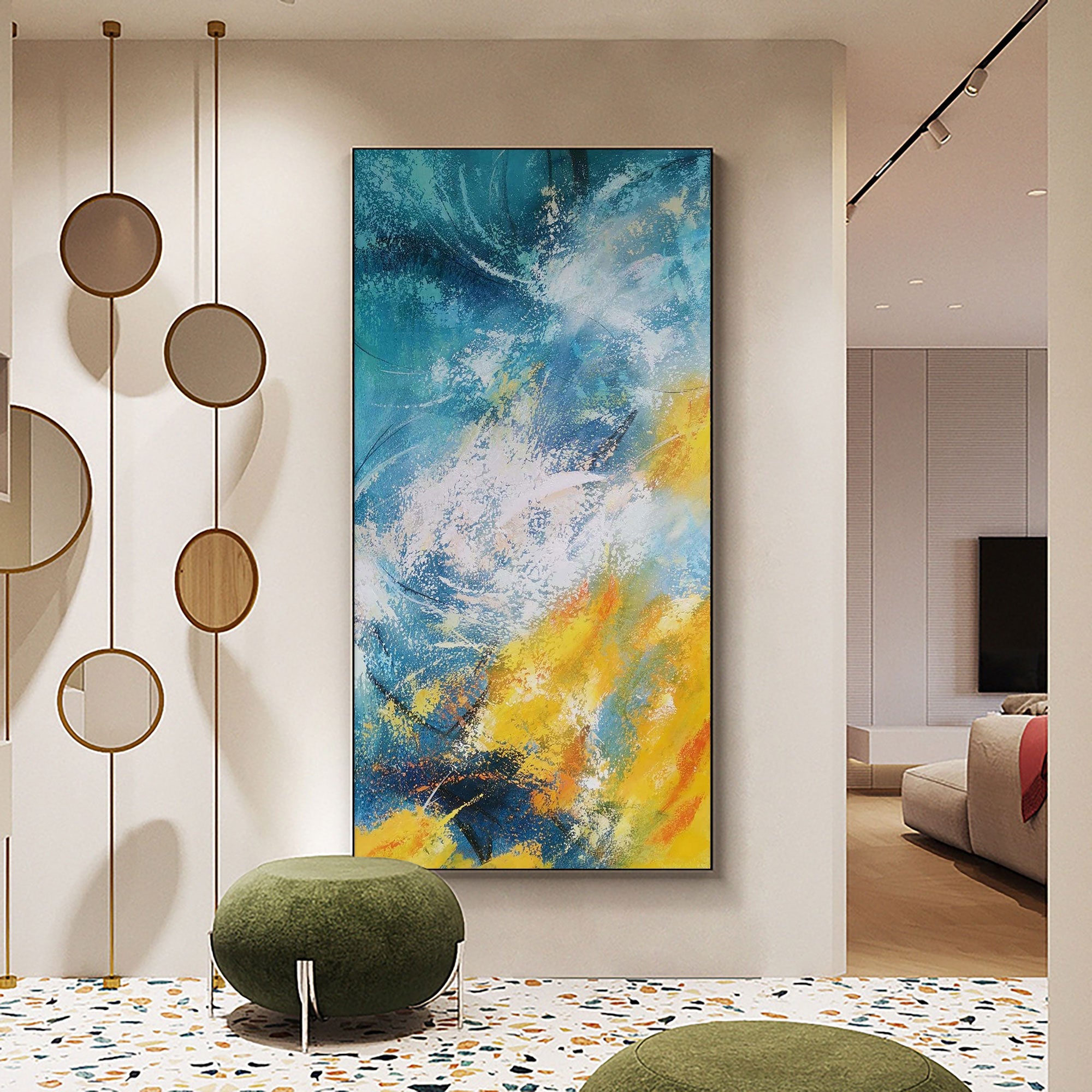 Vertical Abstract Blue Gold Ocean Waves Oil Acrylic Linen Canvas Painting