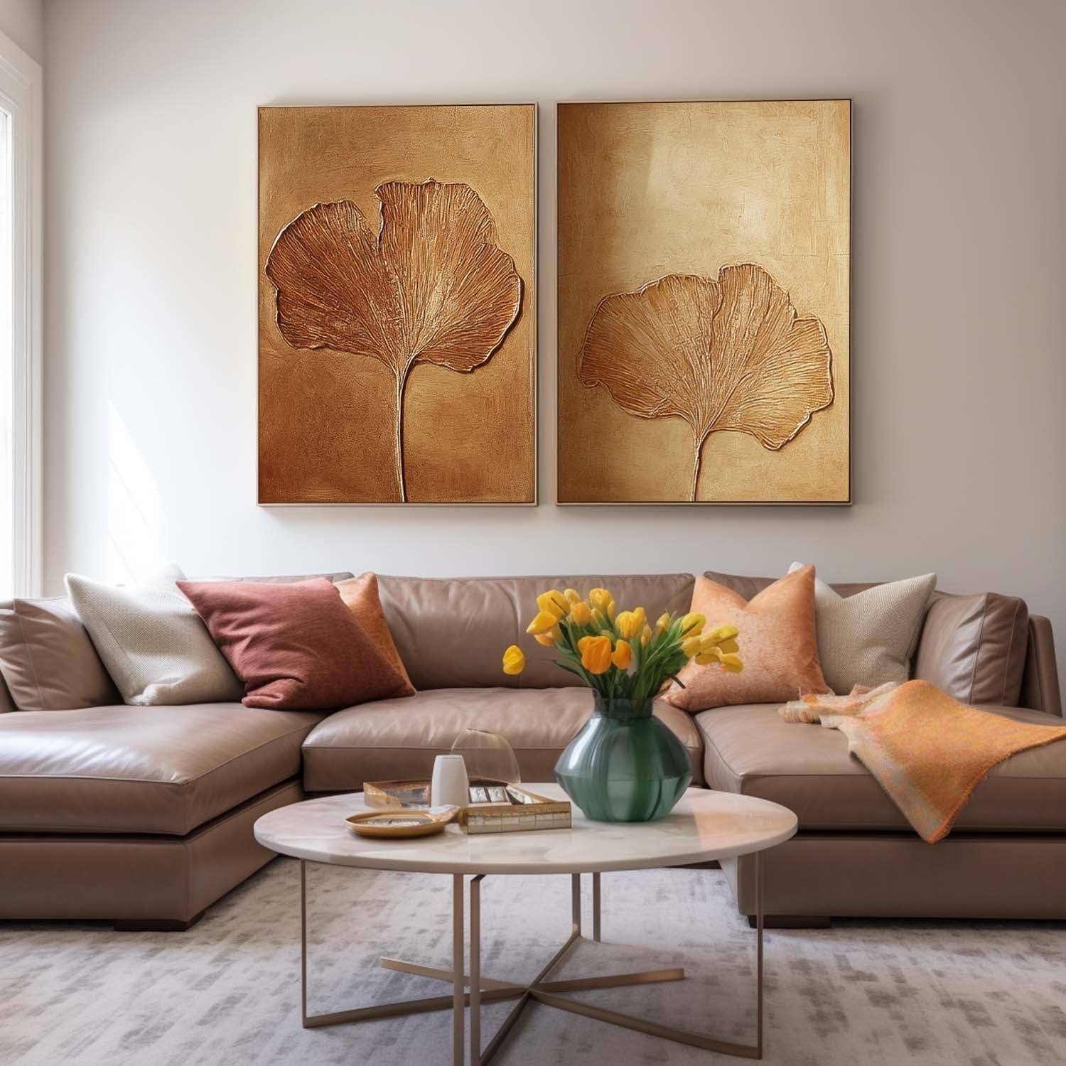 Textured Ginkgo Leaf Diptych Painting Luxurious