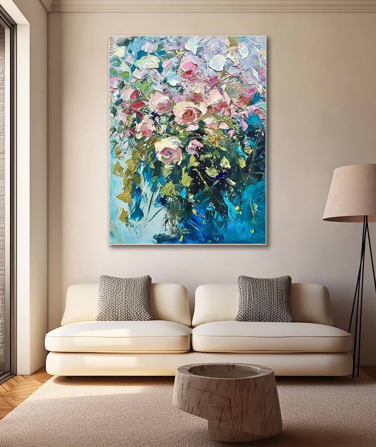 Pink Roses in Blue Vase Impasto Canvas Wall Art