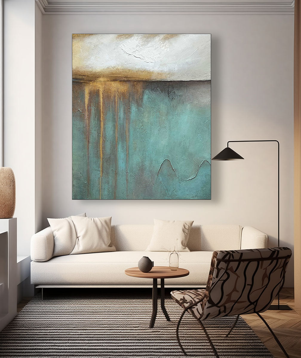 Wabi-Sabi Textured Abstract Painting Teal & Gold