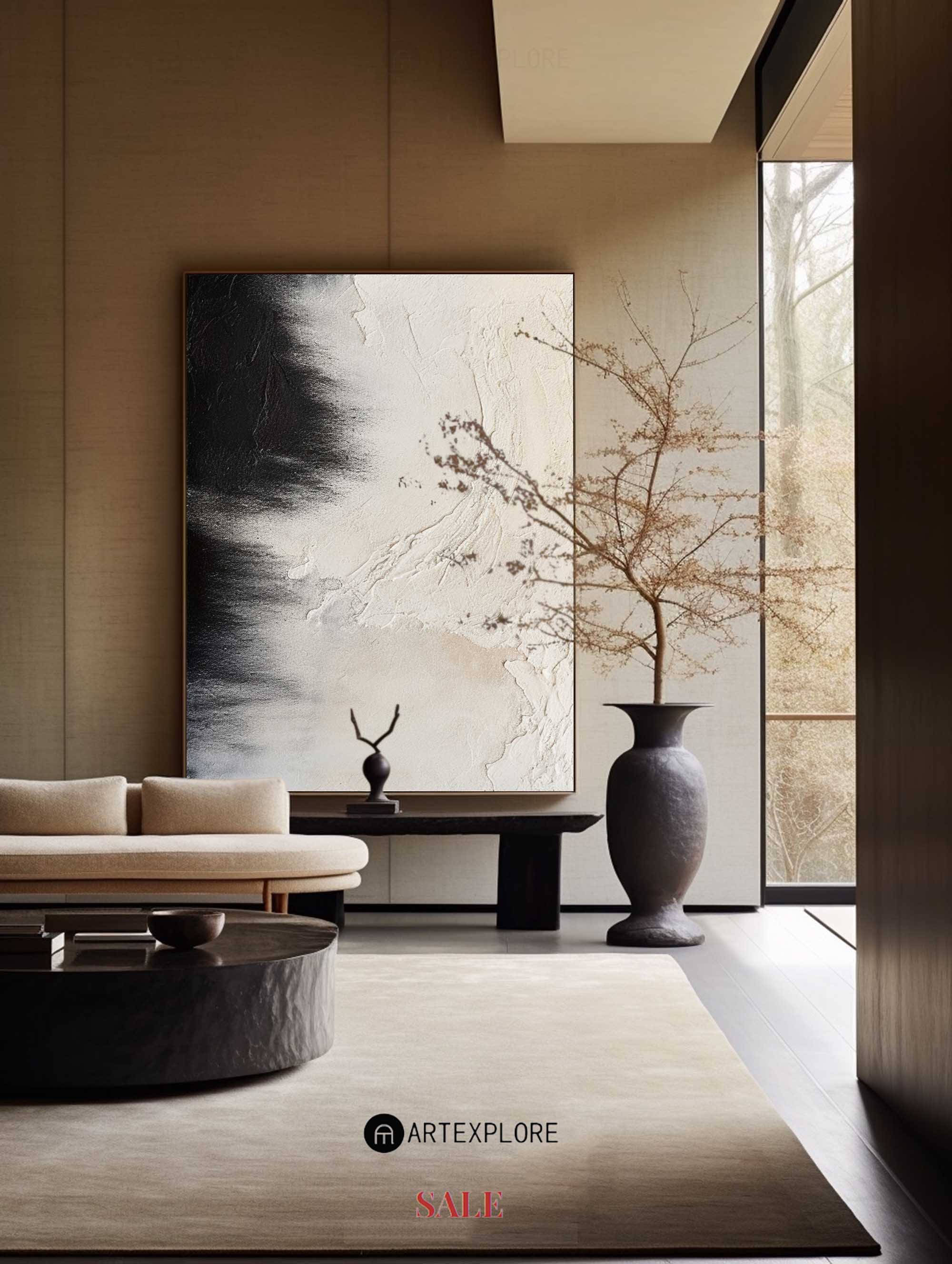 Black Beige Impasto Abstract Canvas Art