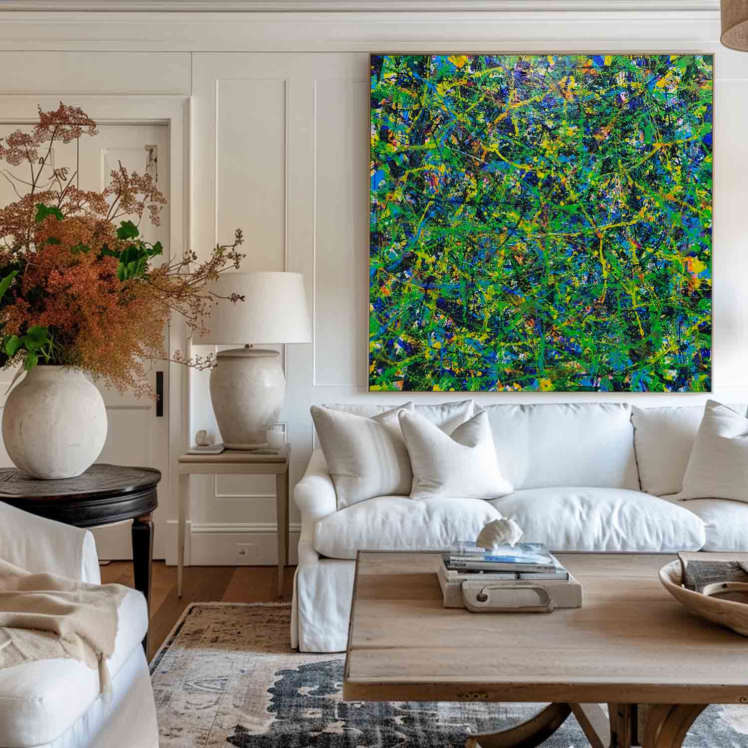 Green Chaos Paint Splatter Abstract Canvas Art