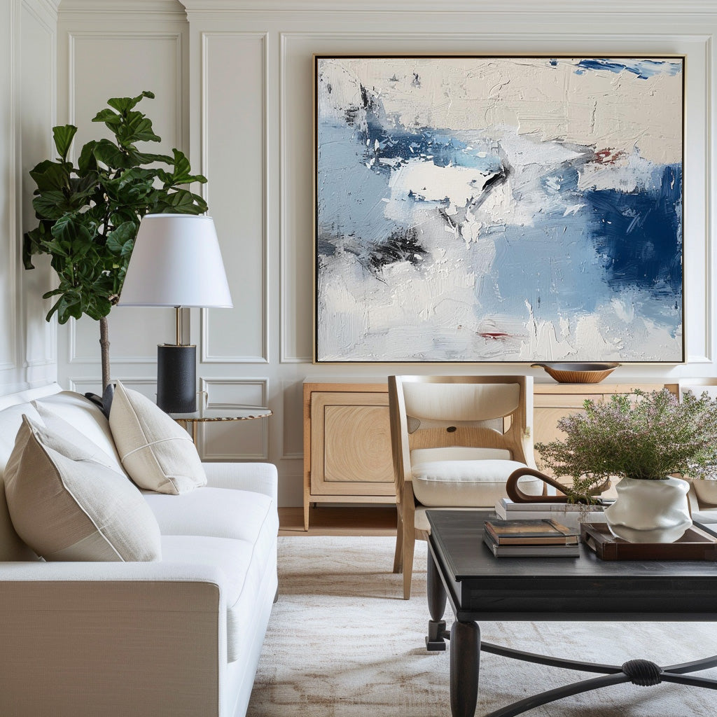 Cool‑Tone Blue‑White‑Grey Abstract Heavy Impasto Blended‑Hue Textured Artwor