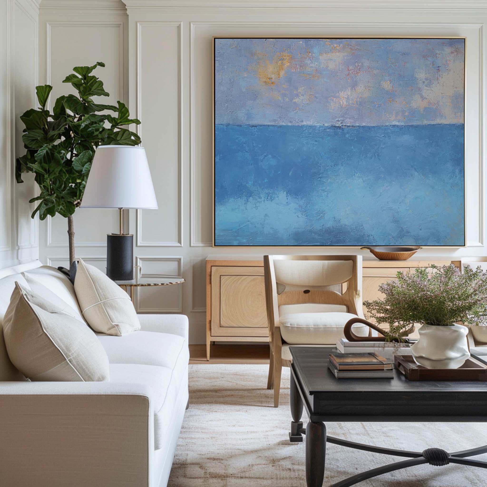 Blue‑Gold Sky‑Ocean Seascape Abstract  Thick Tactile‑Texture Artwork