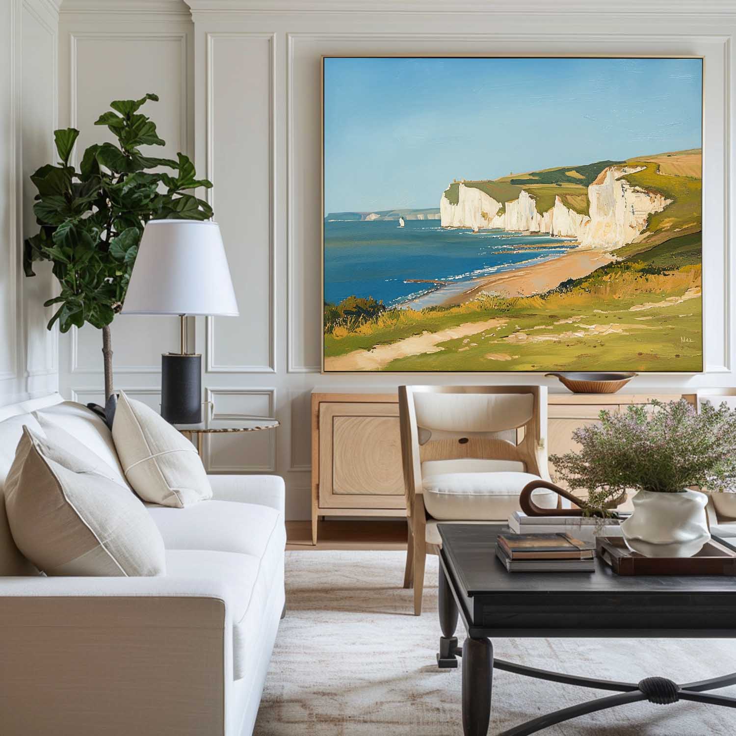 Seaside White Chalk Cliff Landscape  Natural Scenery Brush‑Textured Artwork