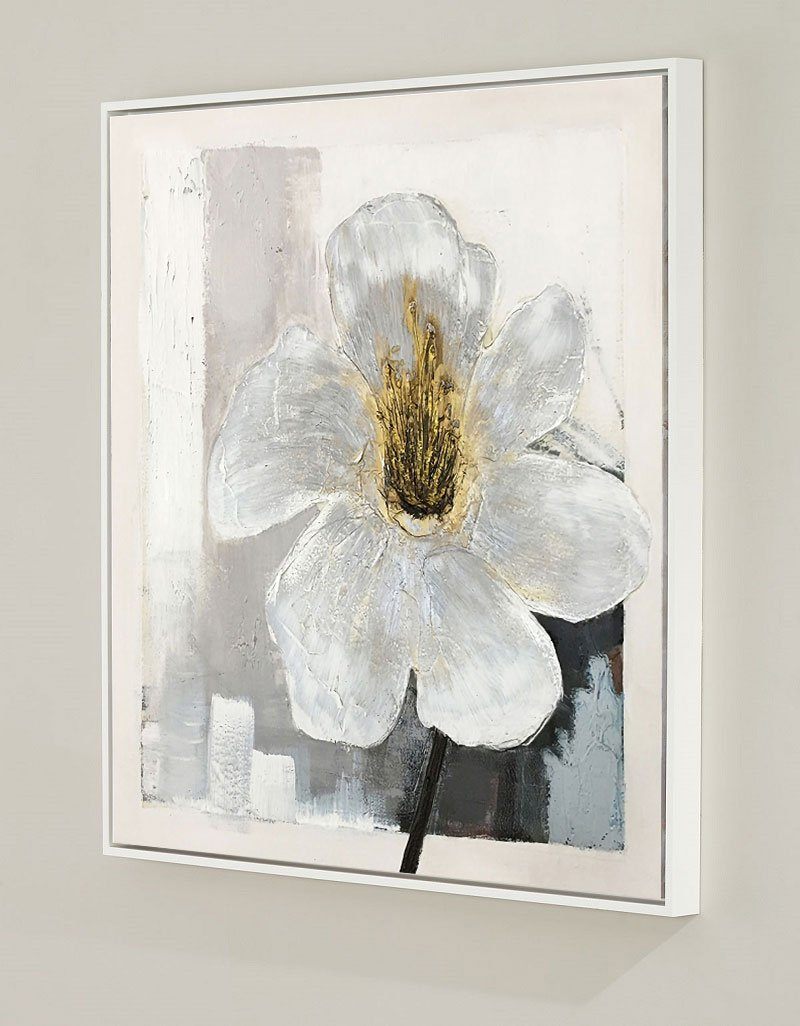 White‑Gold‑Grey Square Impasto Abstract Floral Textured Artwork