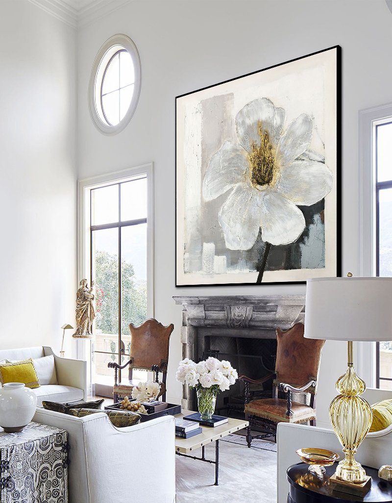 White‑Gold‑Grey Square Impasto Abstract Floral Textured Artwork