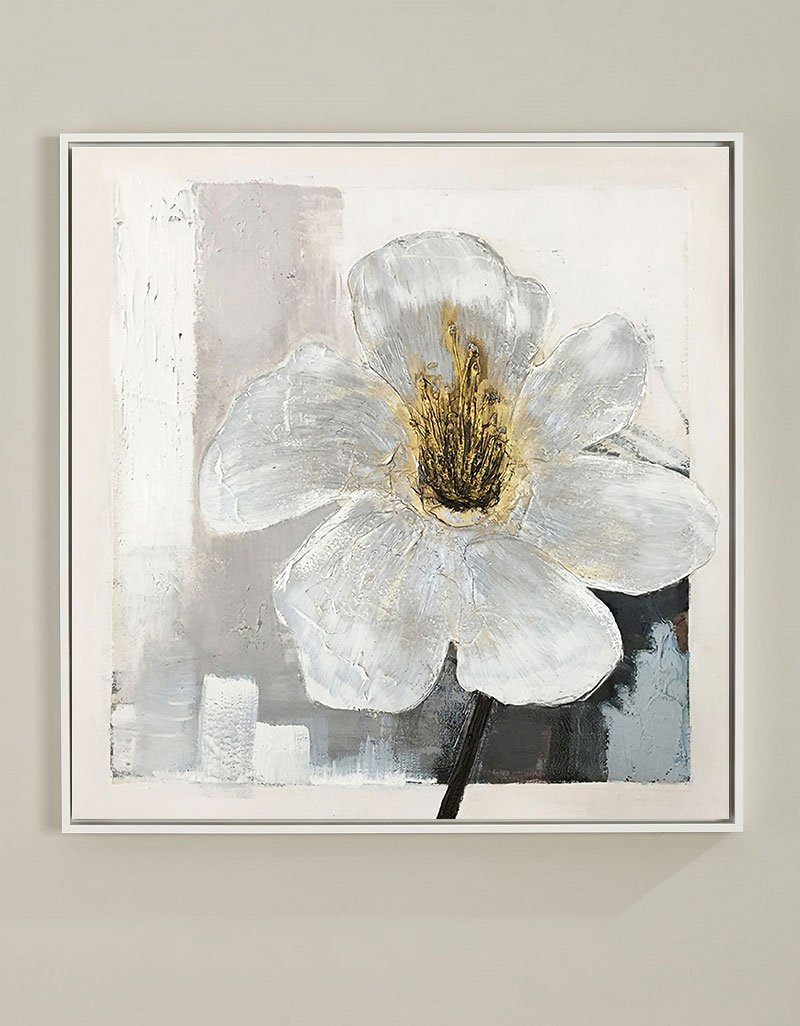 White‑Gold‑Grey Square Impasto Abstract Floral Textured Artwork