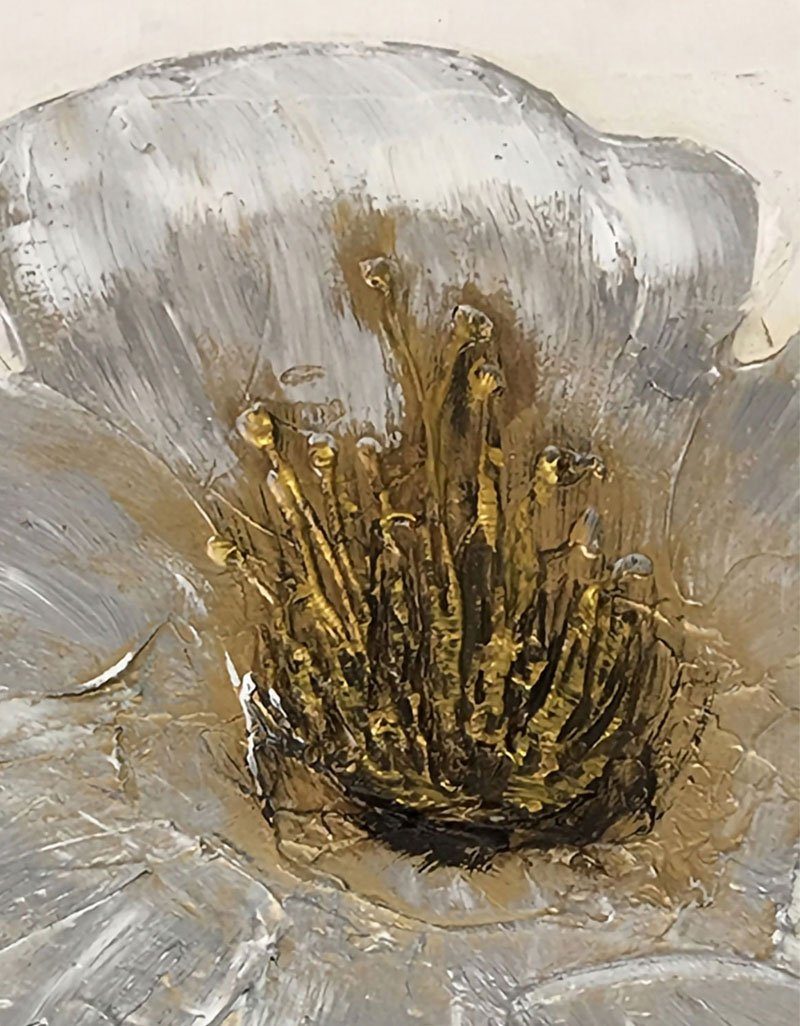 White‑Gold‑Grey Square Impasto Abstract Floral Textured Artwork