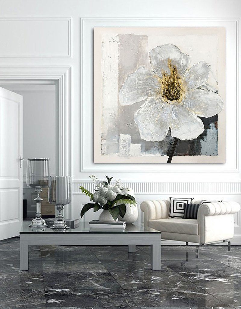 White‑Gold‑Grey Square Impasto Abstract Floral Textured Artwork