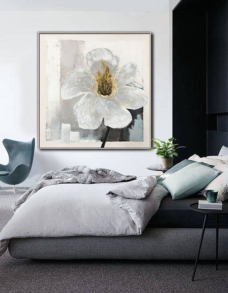 White‑Gold‑Grey Square Impasto Abstract Floral Textured Artwork