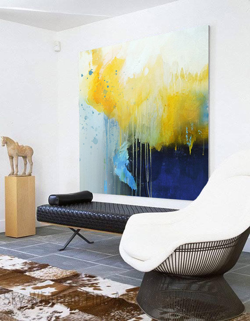 Yellow‑Deep‑Blue Square Fluid‑Wash Dripping Abstract Textured Artwork