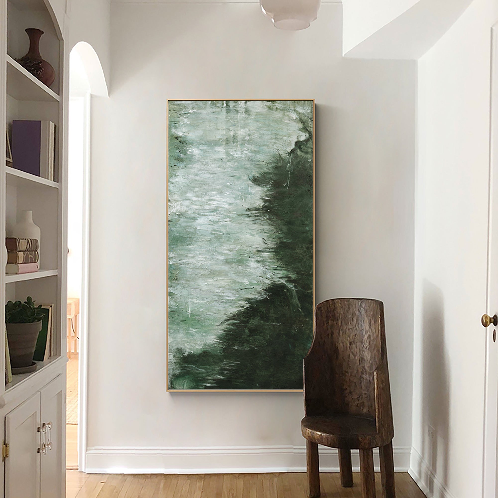 Deep‑Green Vertical Marble‑Wash Layer‑Textured Framed Artwork