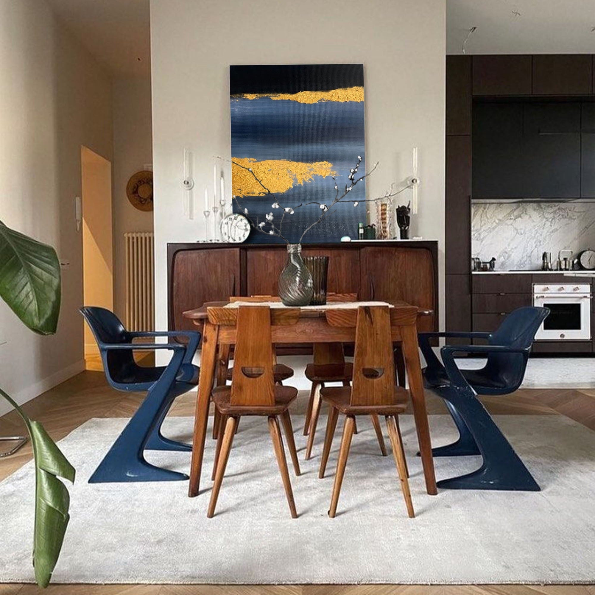 Metallic Gold Foil Deep Blue Abstract Linen Canvas Wall Hanging