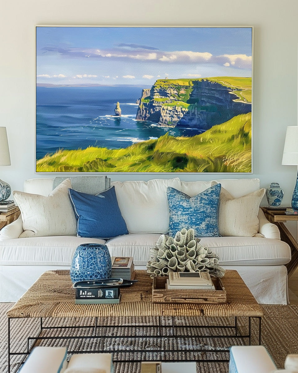 Dramatic Green Cliffs Ocean Painting