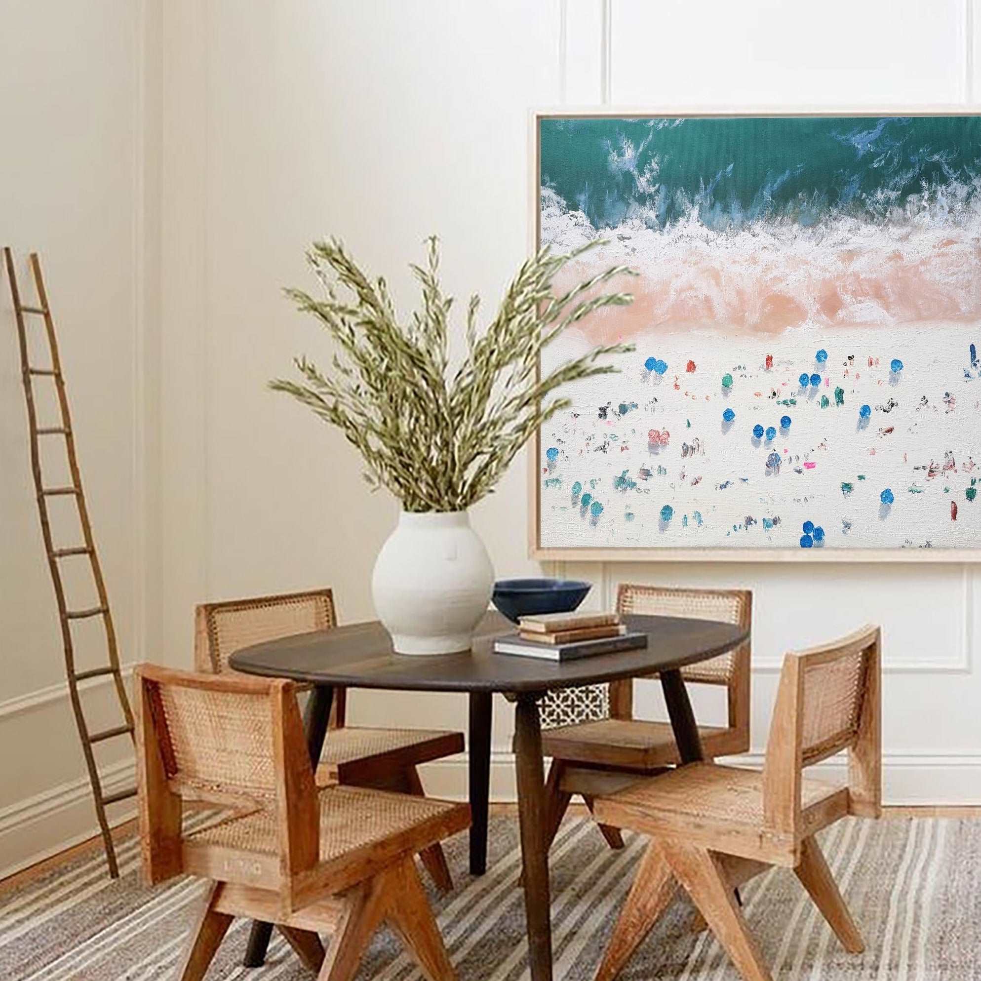 Teal‑Pink‑White Horizontal Beach‑Scene Impasto‑Textured Artwork