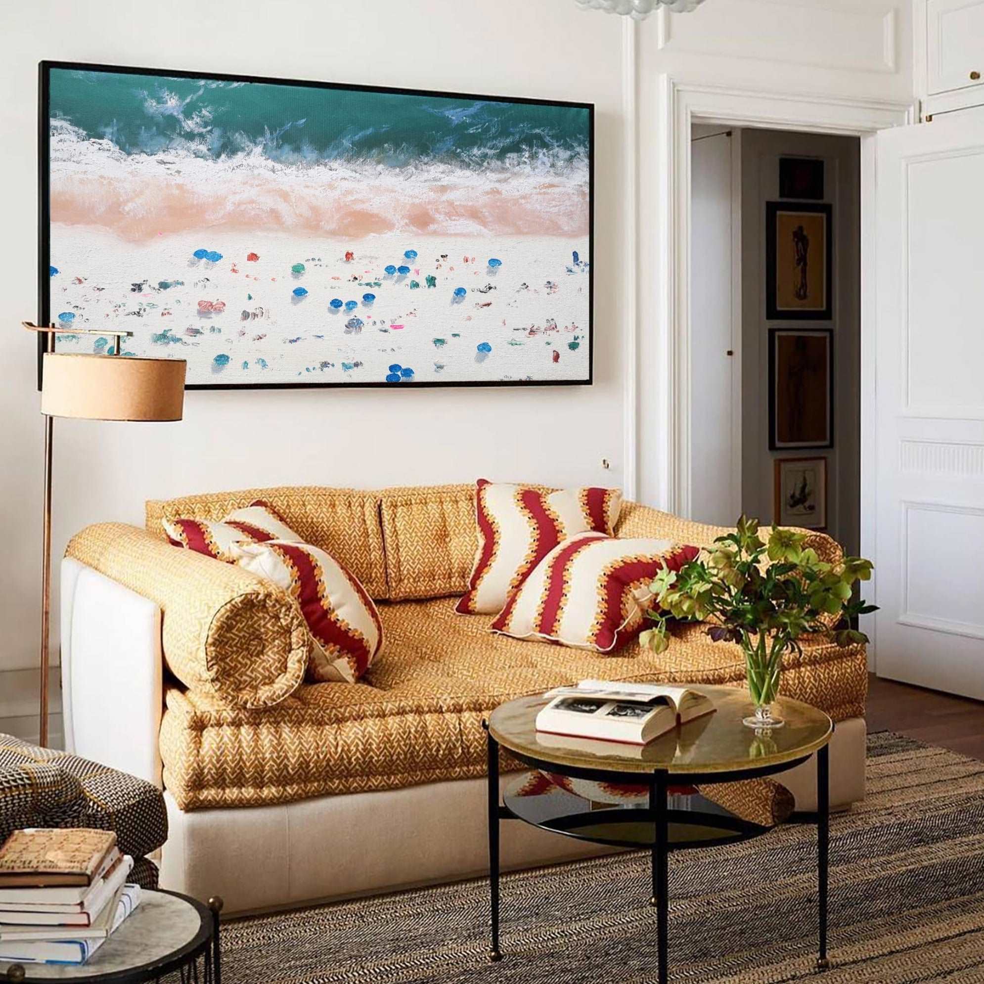 Teal‑Pink‑White Horizontal Beach‑Scene Impasto‑Textured Artwork