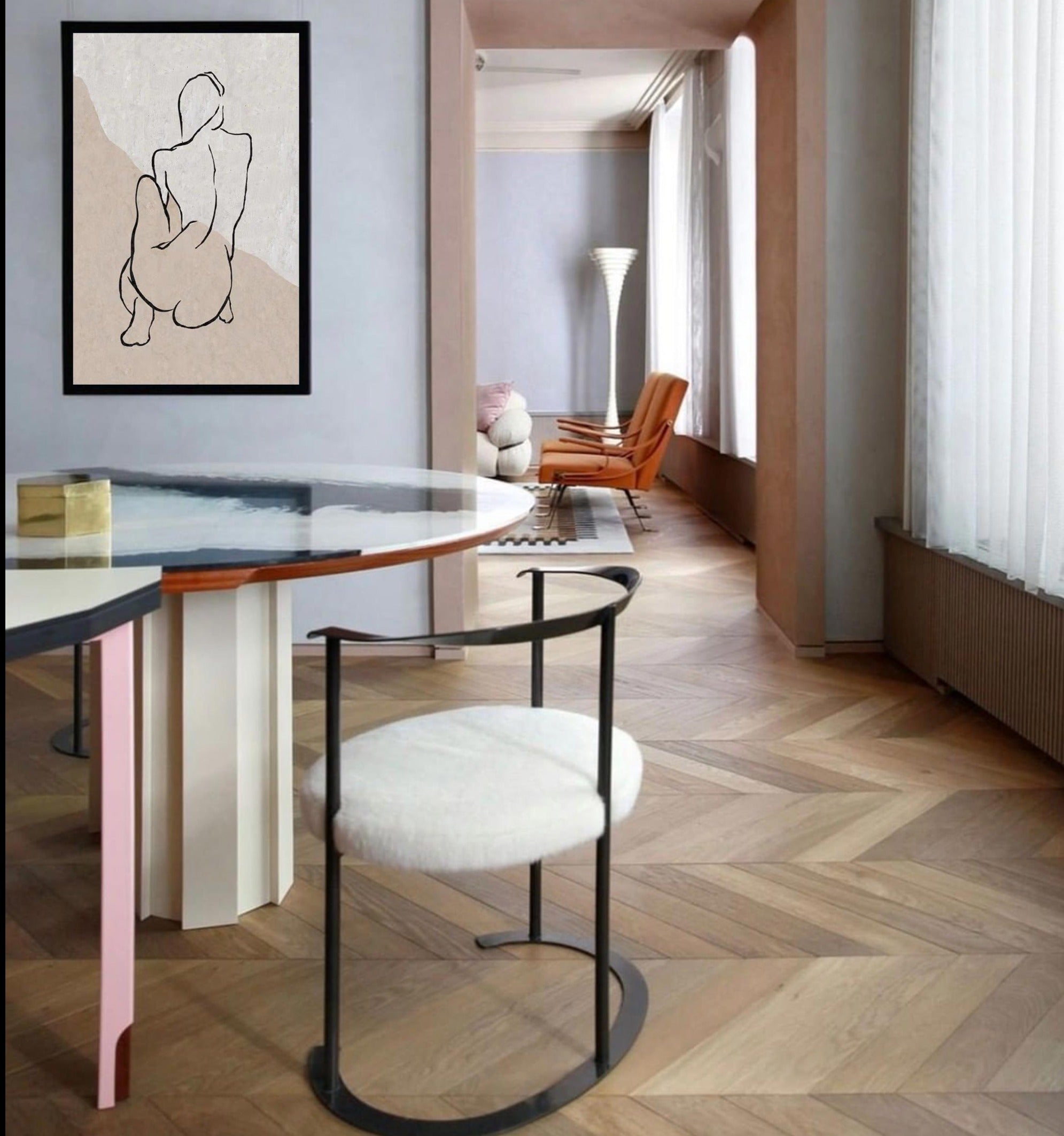Beige‑Taupe Vertical Figure‑Sketch Line‑Textured Artwork