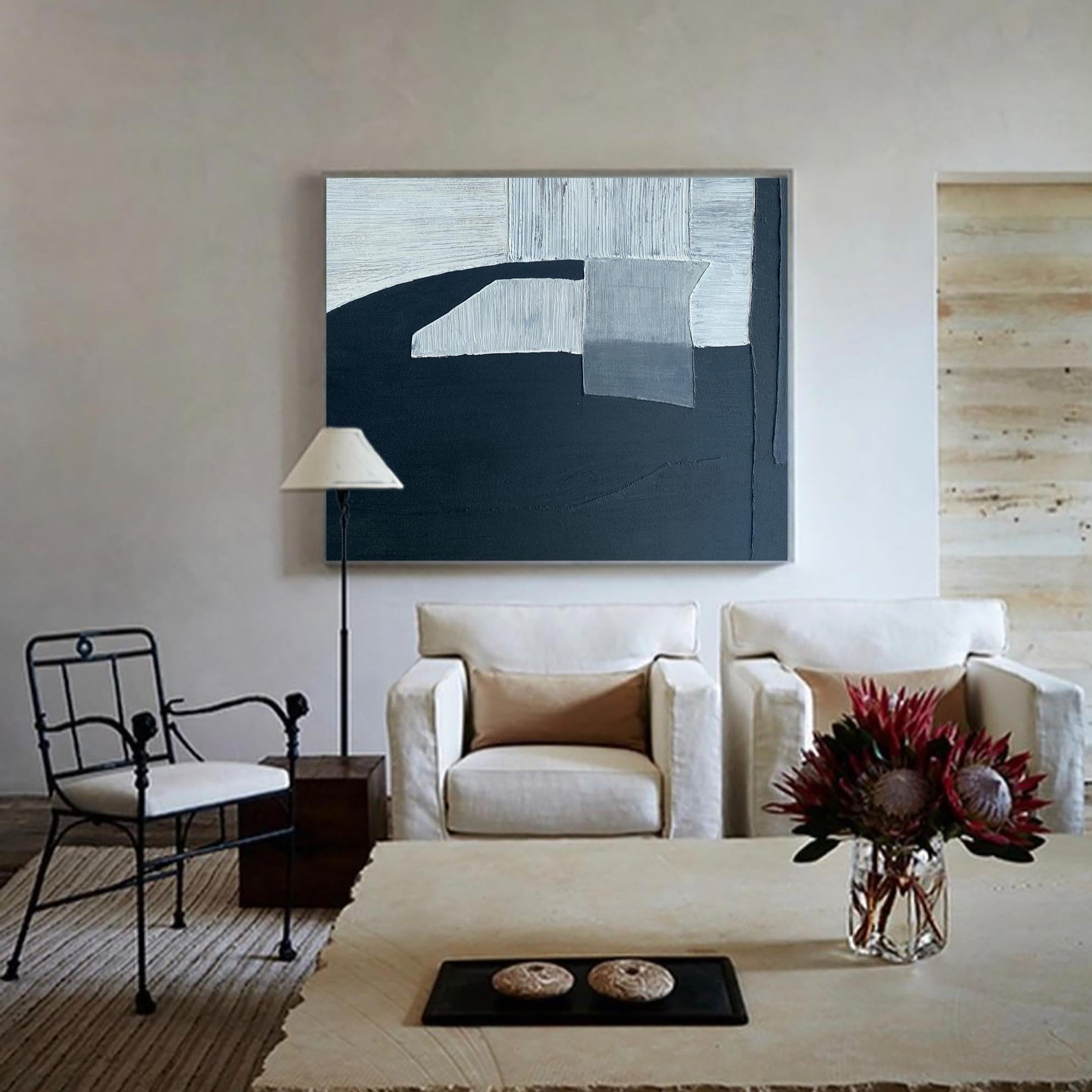 Minimalist Blue White Black Geometric Abstract Painting