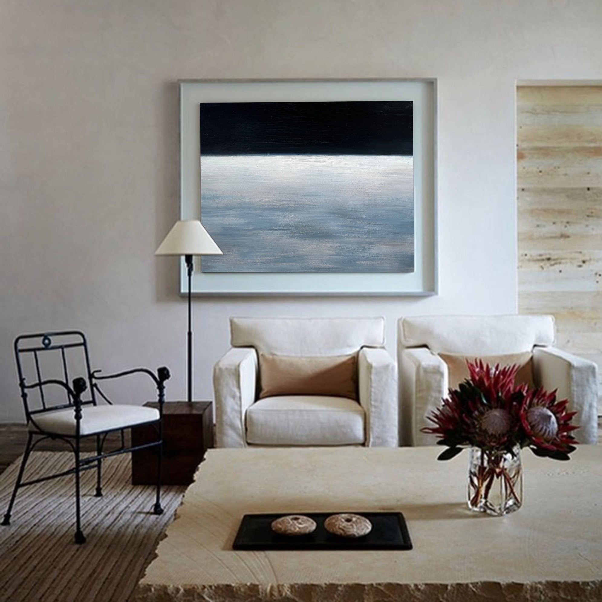Minimal Dark Ocean Horizon Abstract Canvas Wall Hanging