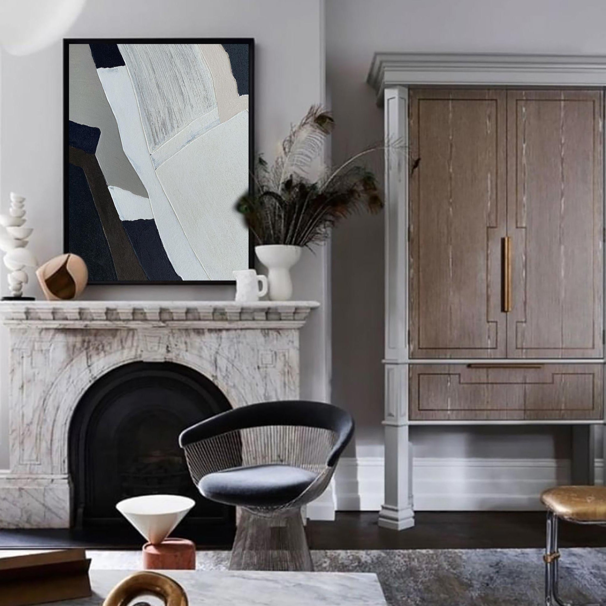 Textured Black White Abstract Linen Painting