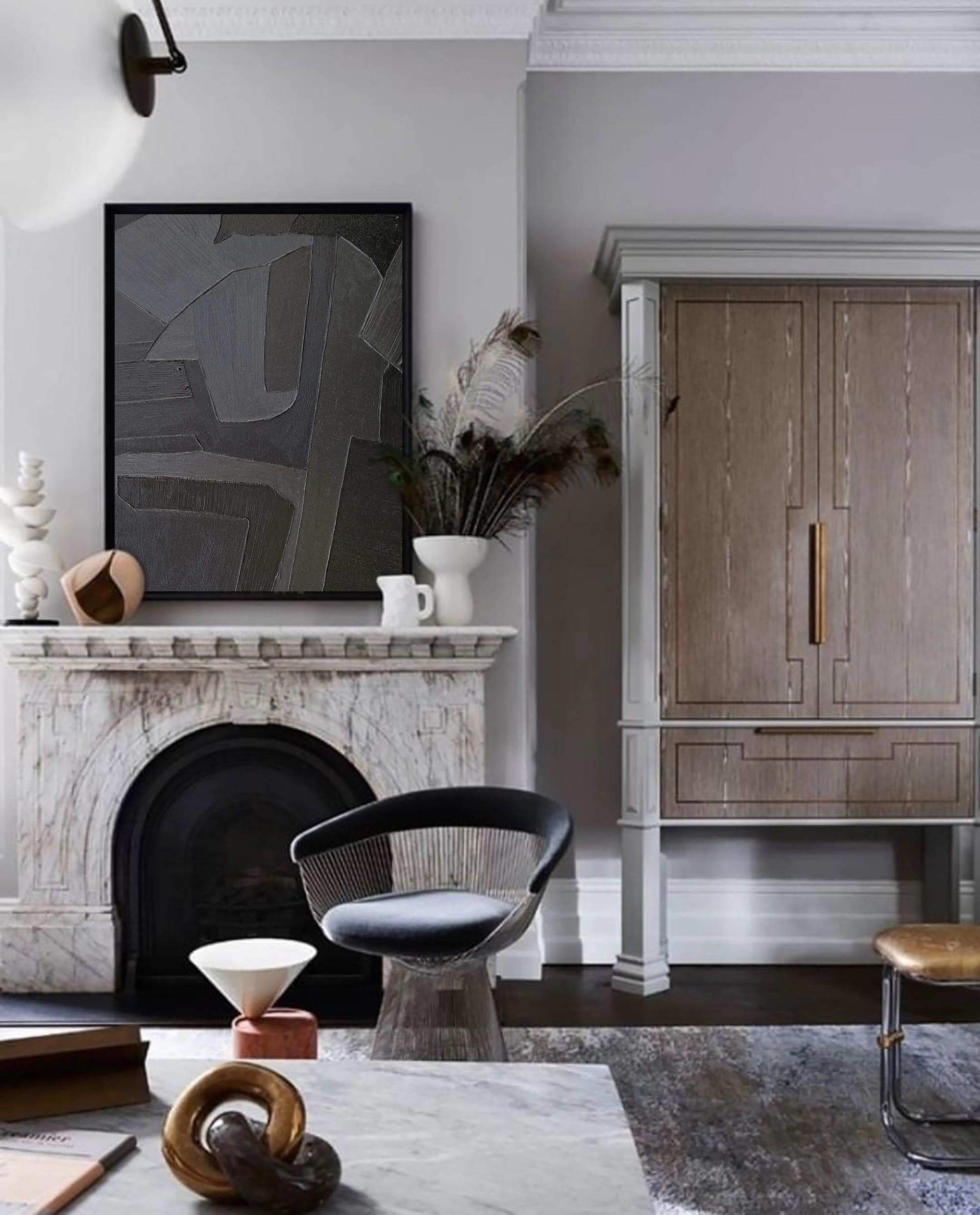 Wall Art Abstract Geometric Dark Charcoal Minimalist Textured Canvas Living Room | Neutralighting