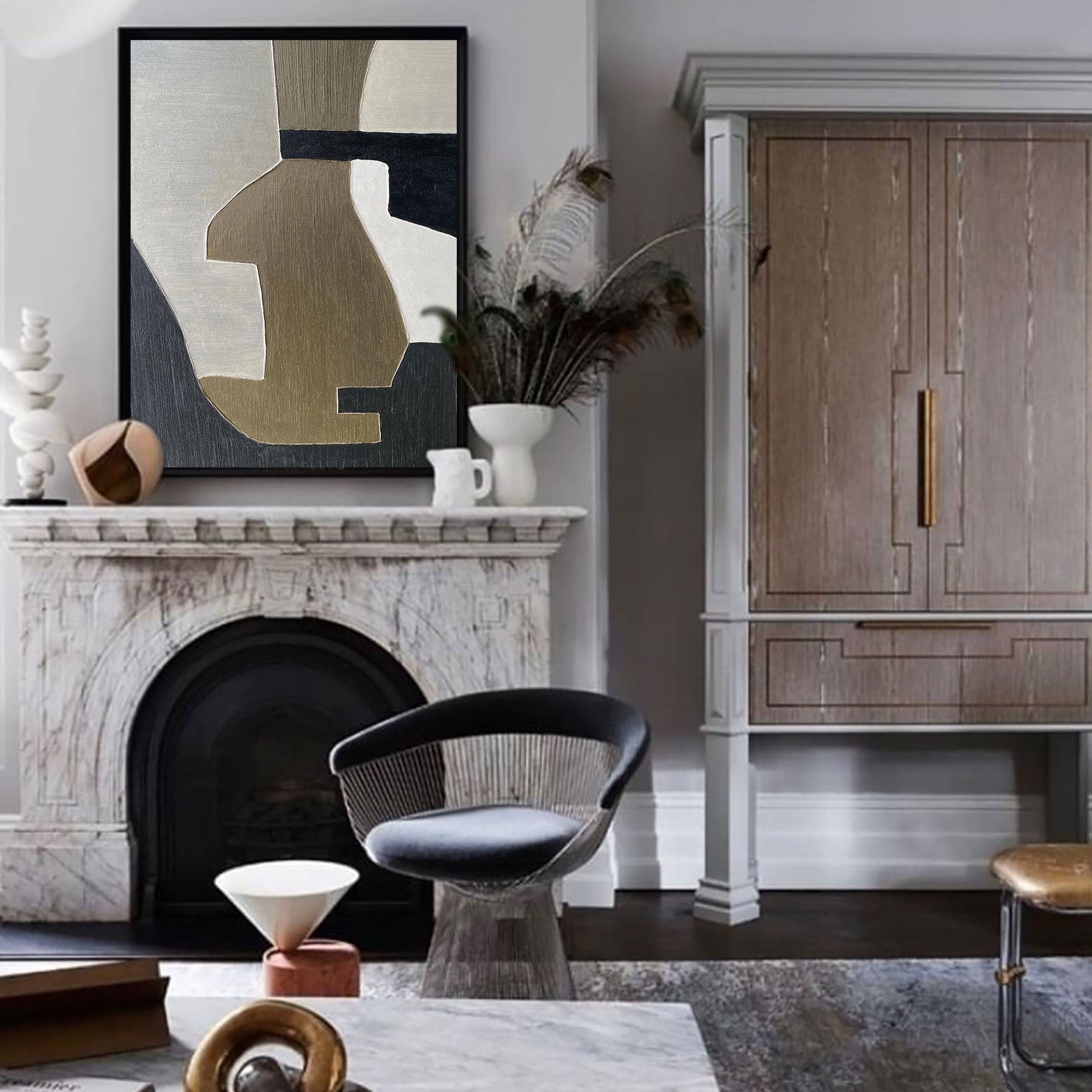 Abstract Black Beige White Geometric Minimalist Painting