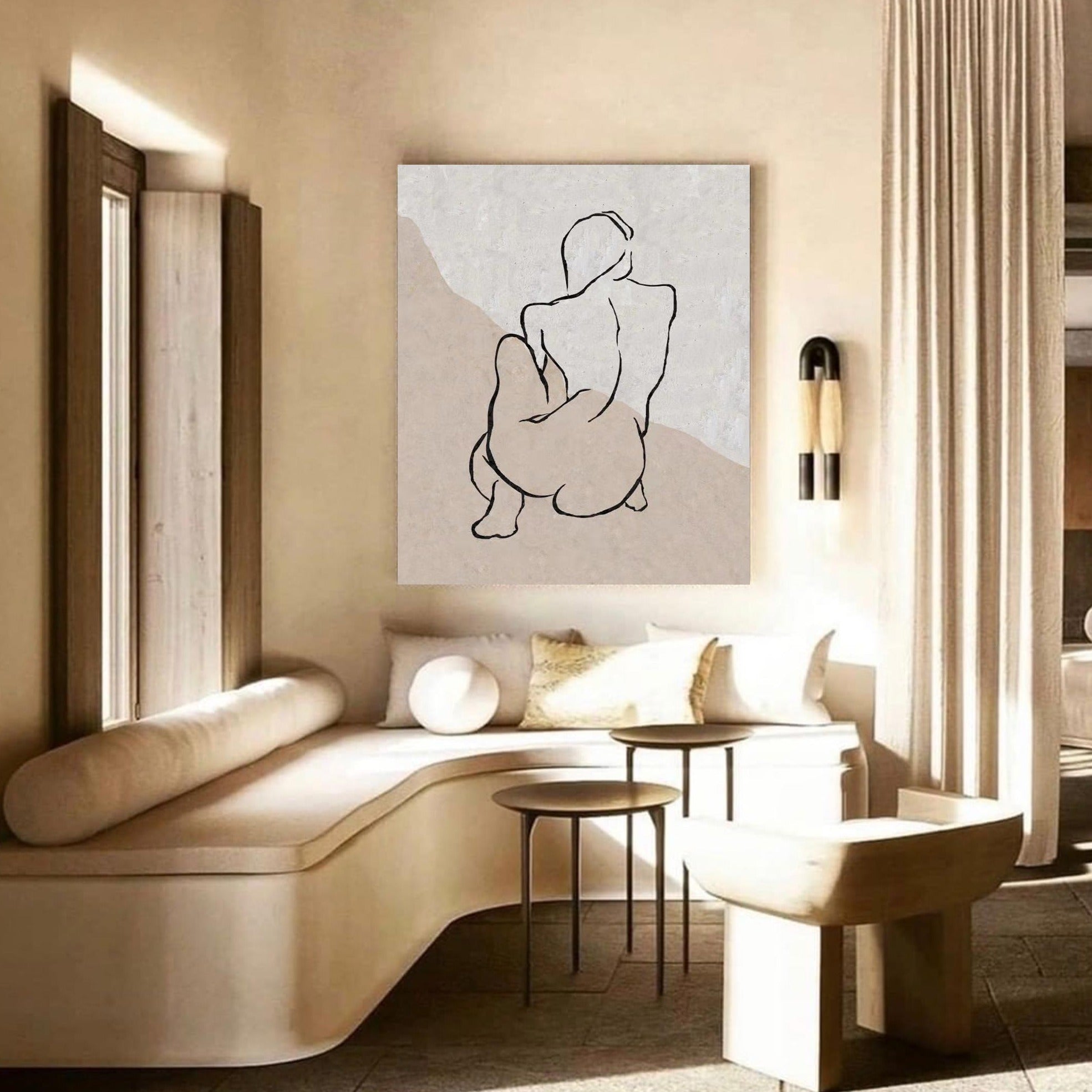 Beige‑Taupe Vertical Figure‑Sketch Line‑Textured Artwork