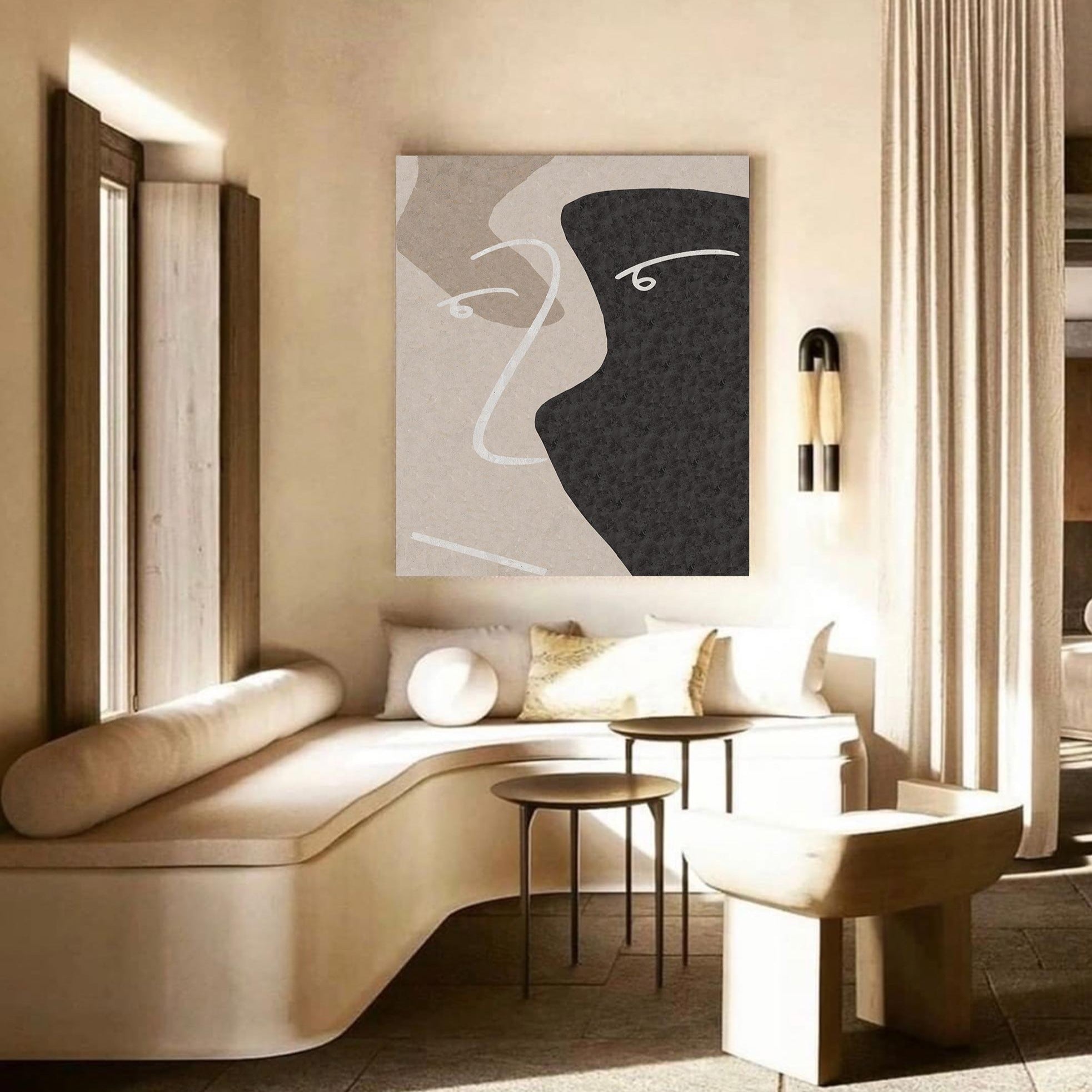 Abstract Black Beige Face Silhouette Minimalist Painting