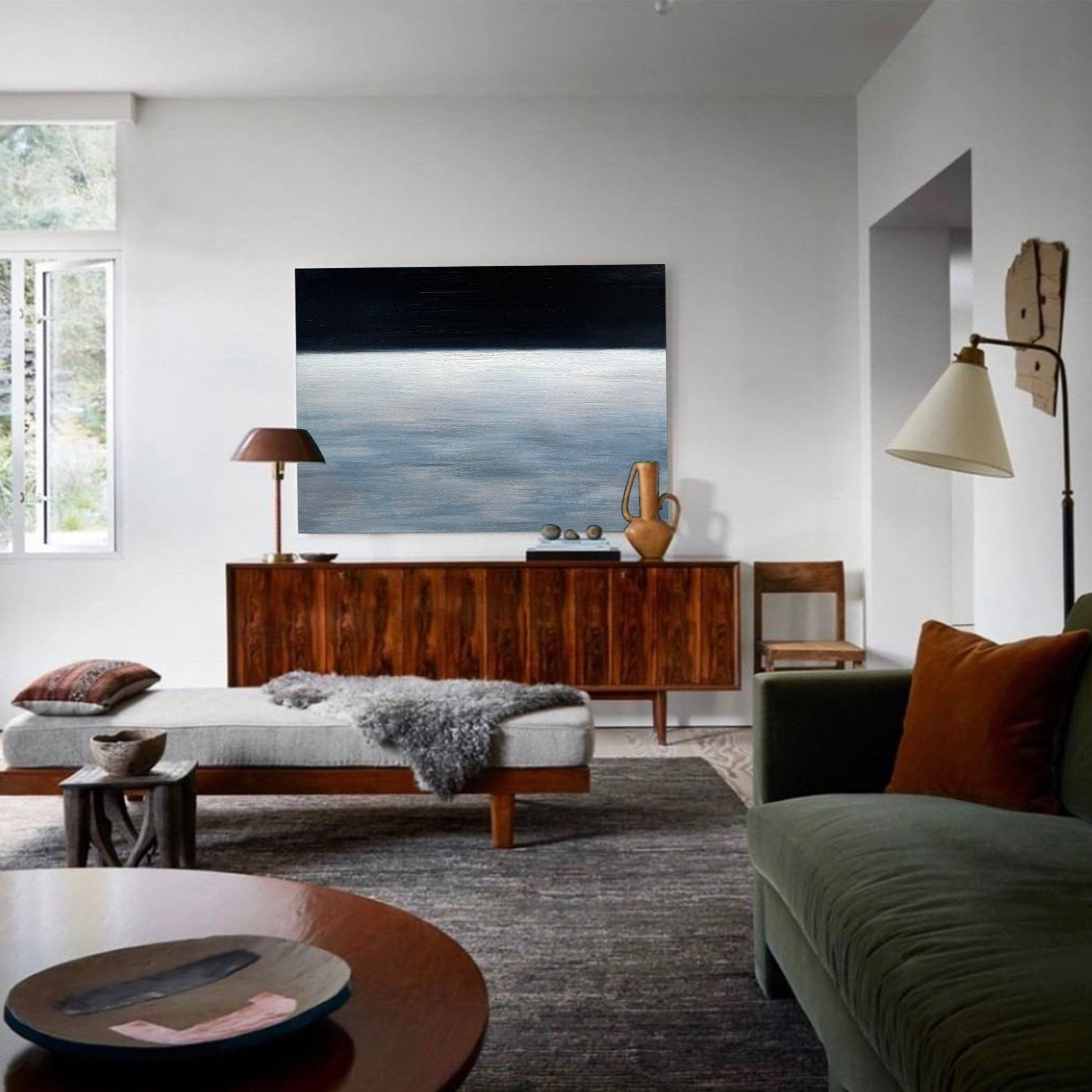 Minimal Dark Ocean Horizon Abstract Canvas Wall Hanging