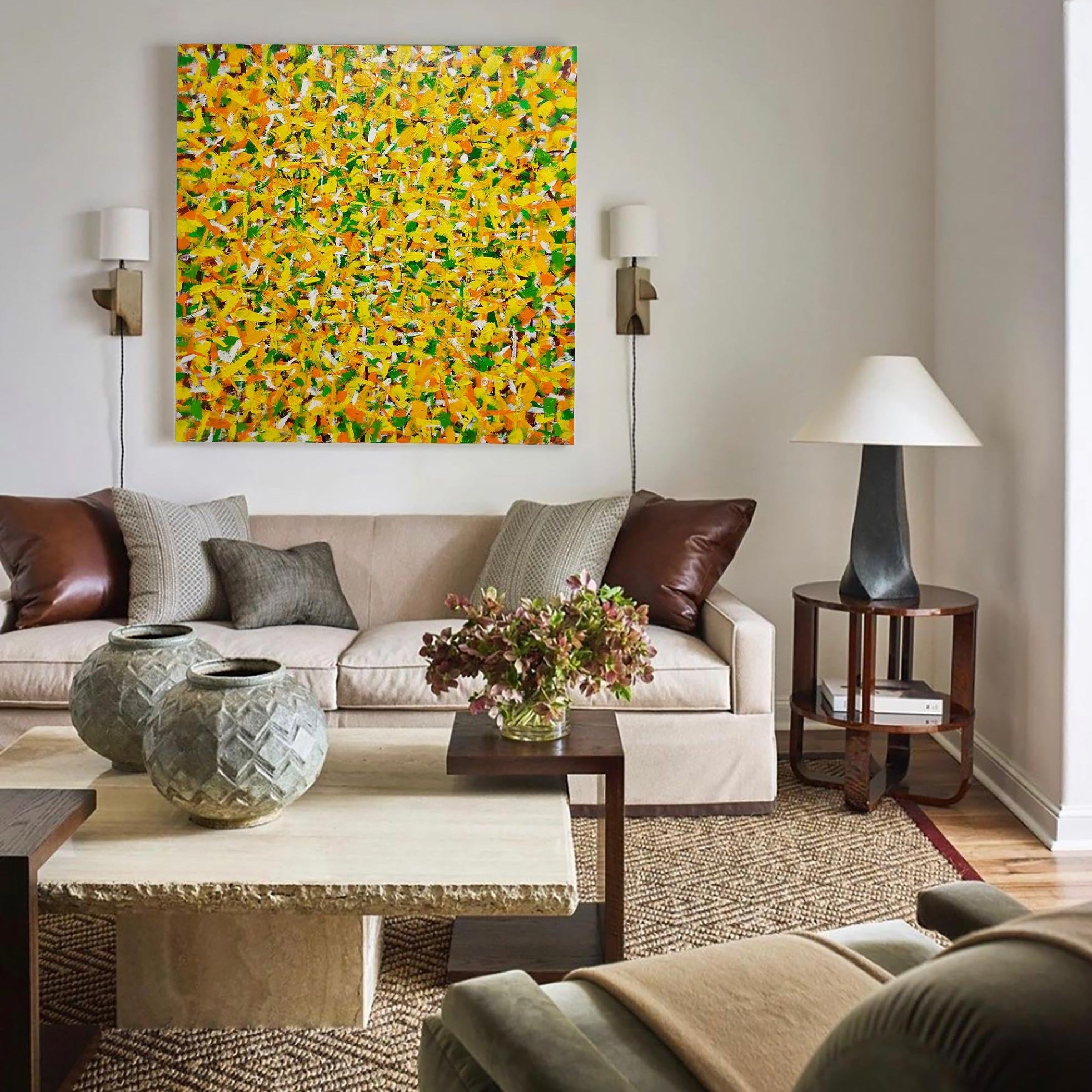 Vibrant Yellow Green Textured Square Acrylic Painting