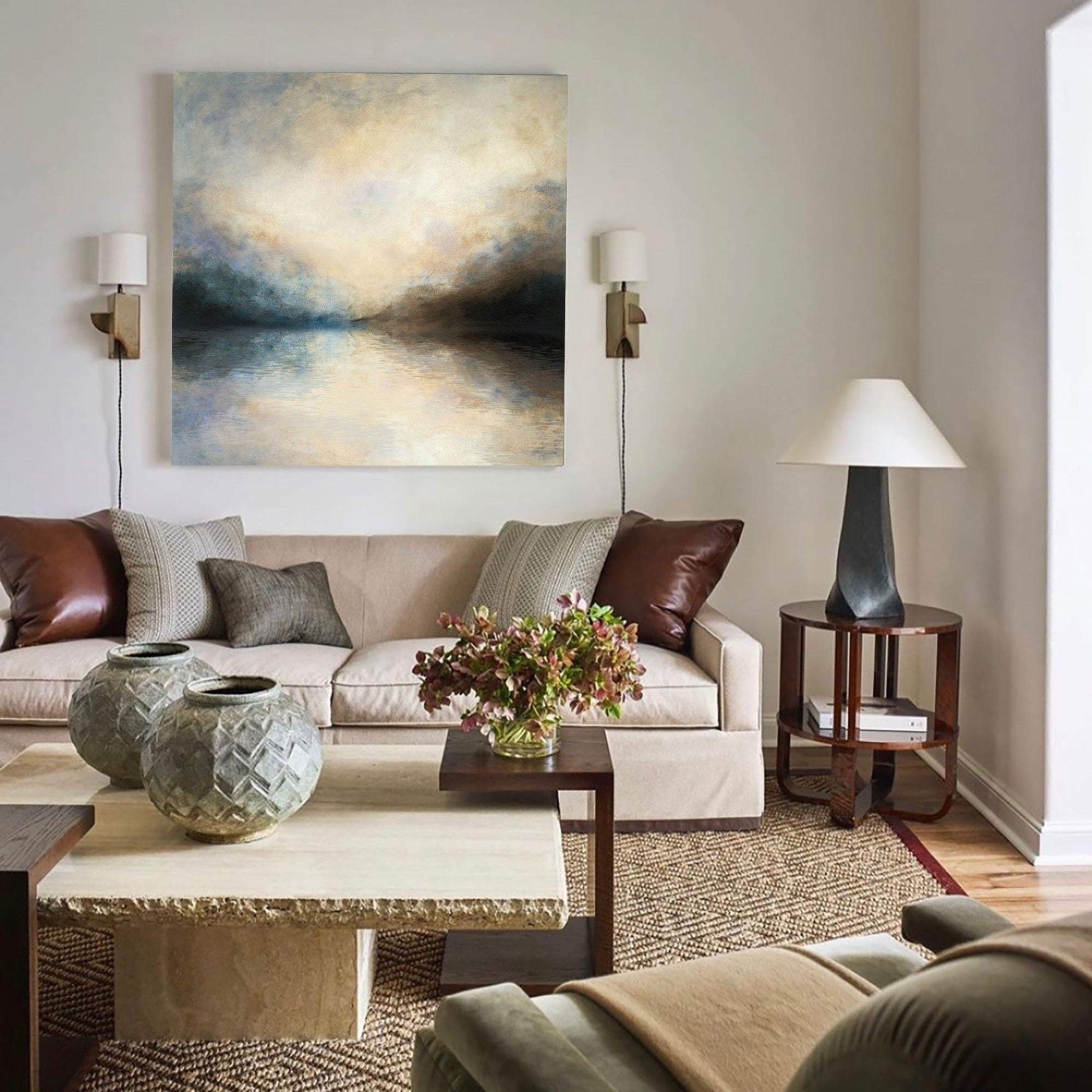 Gold‑Teal‑Grey Square Mist‑Landscape Blended‑Tone Artwor