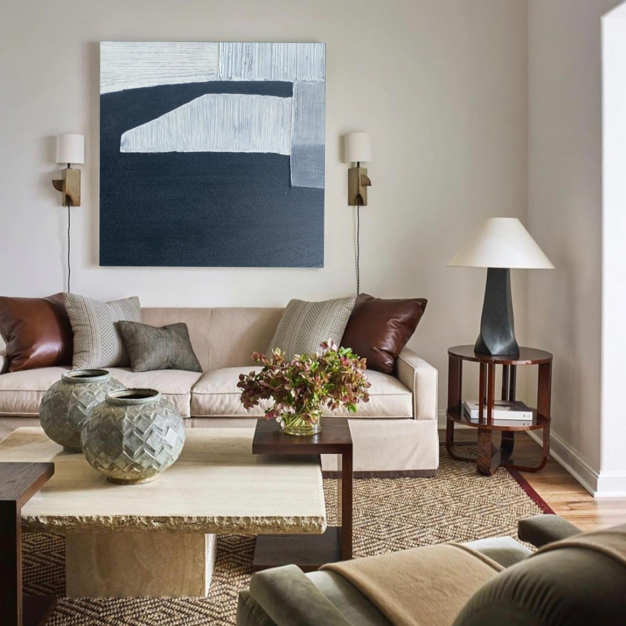 Blue White Black Abstract Geometric Painting