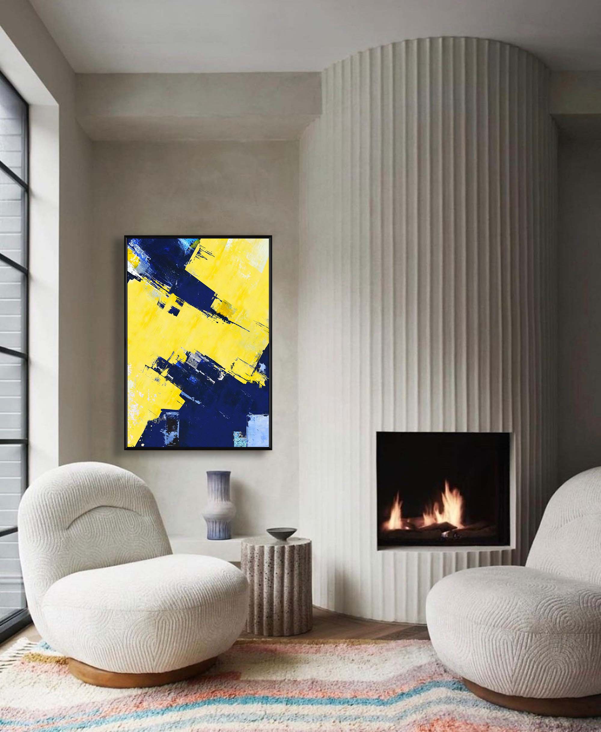 Yellow Navy Blue Abstract Wall Art