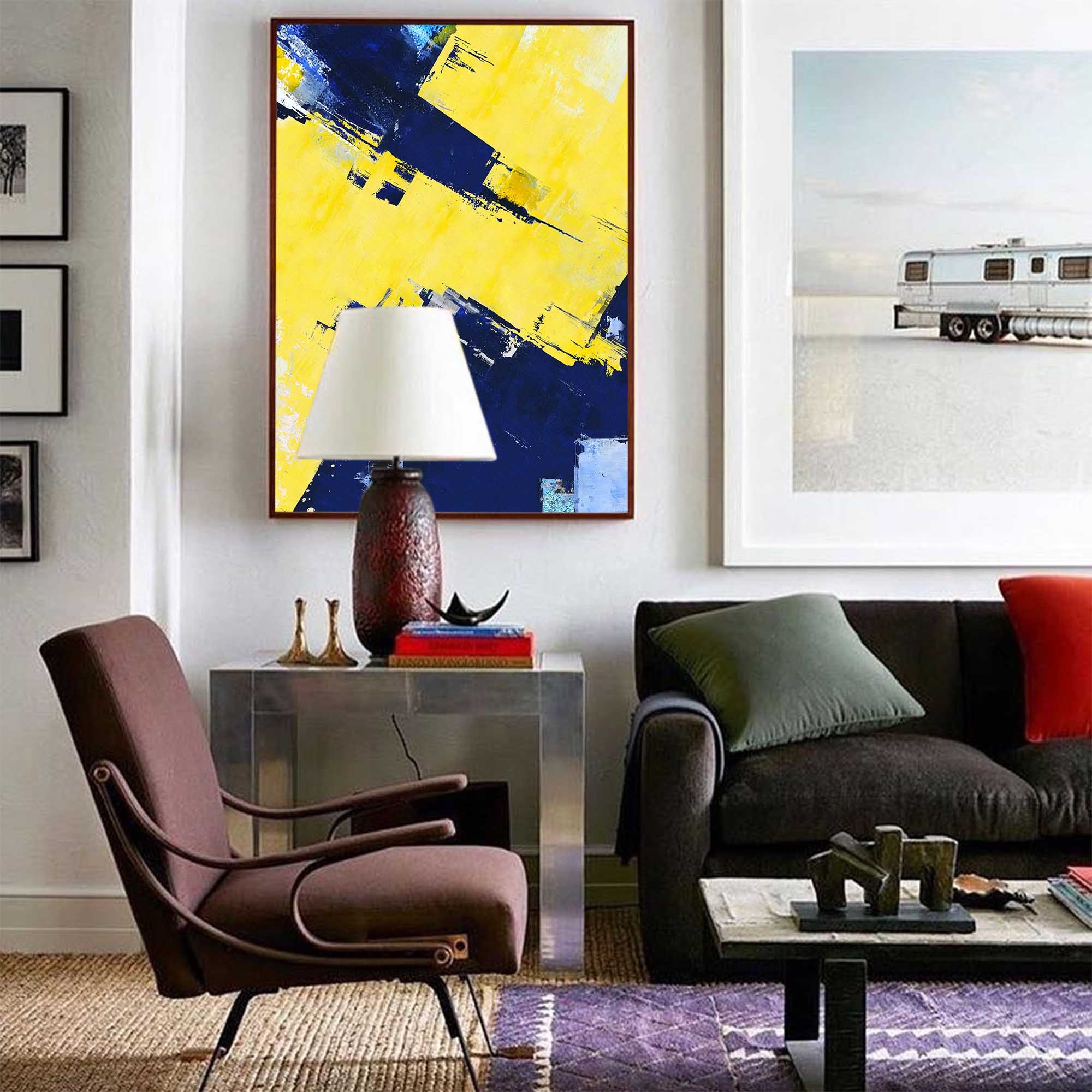Yellow Navy Blue Abstract Wall Art