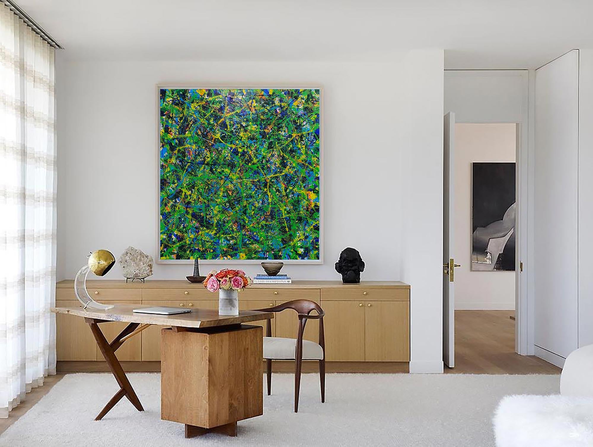 Abstract Green Blue Textured Square Canvas Art