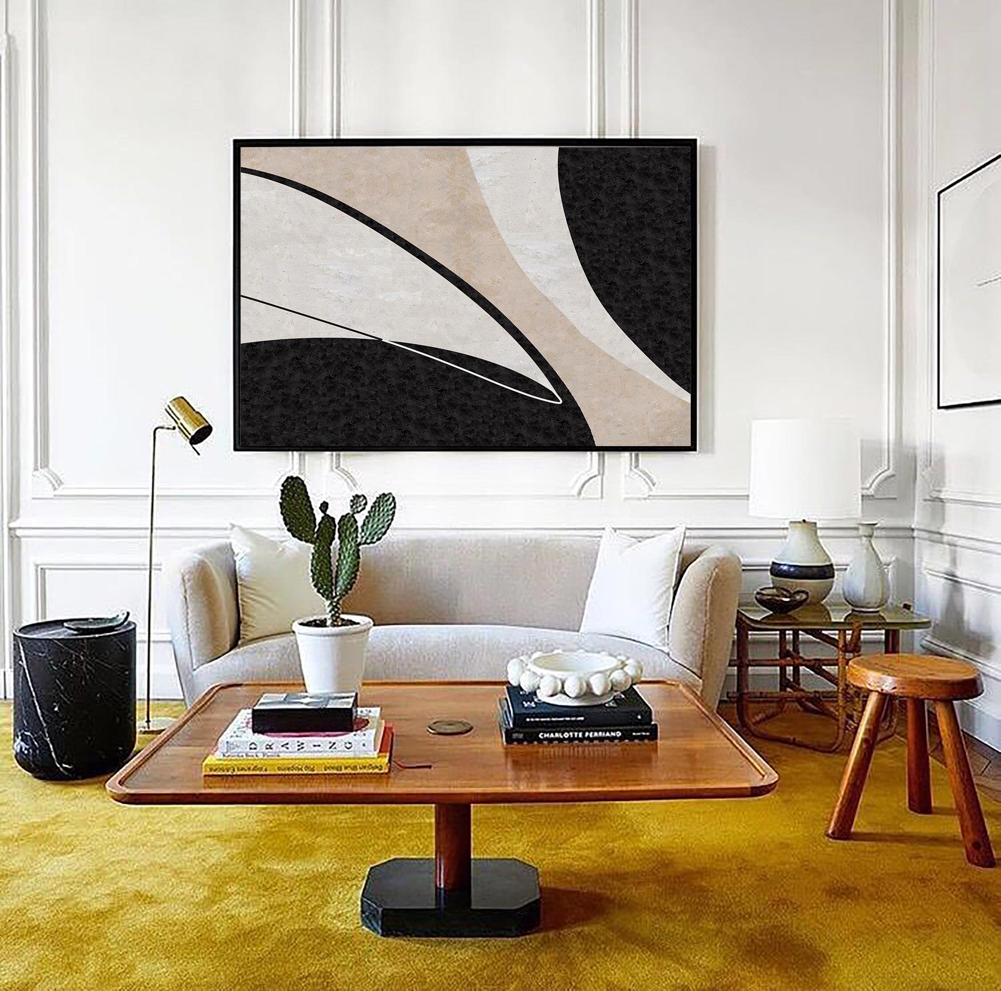 Black‑Beige Horizontal Curved‑Sector Grain‑Textured Artwork